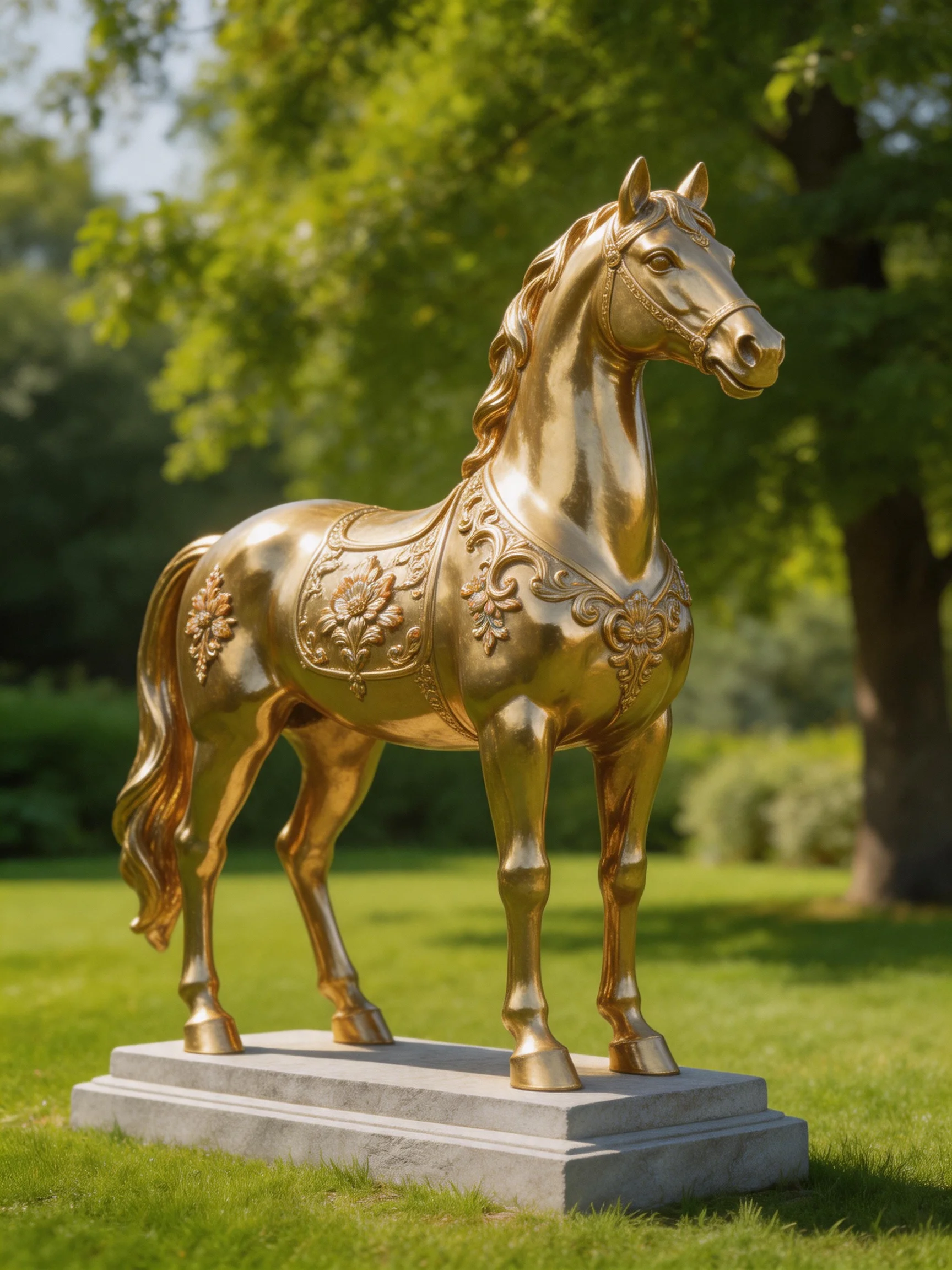 A golden, ornately decorated horse statue on a stone pedestal