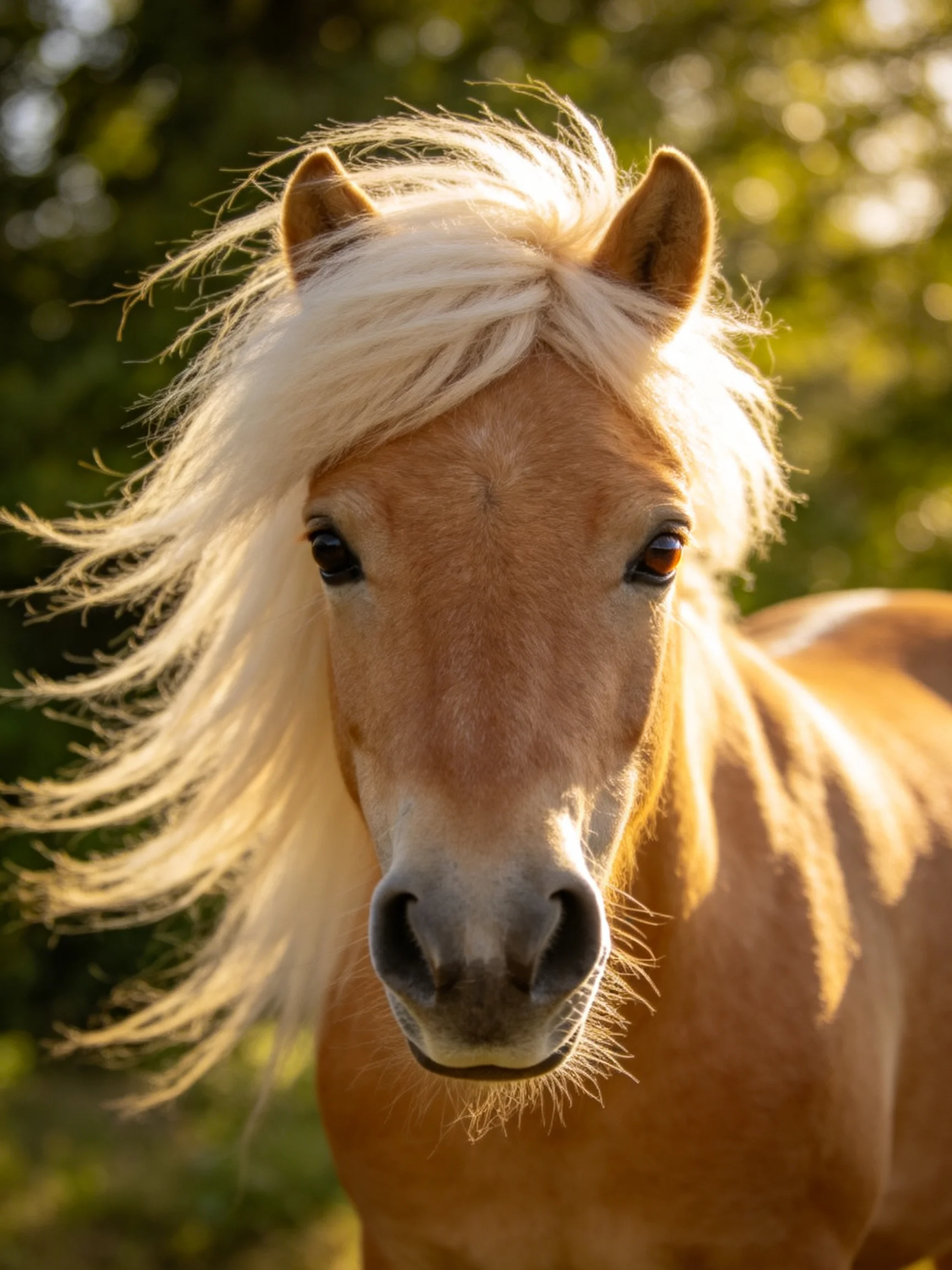 A golden pony with a flowing blonde mane in a sunlit natural landscape