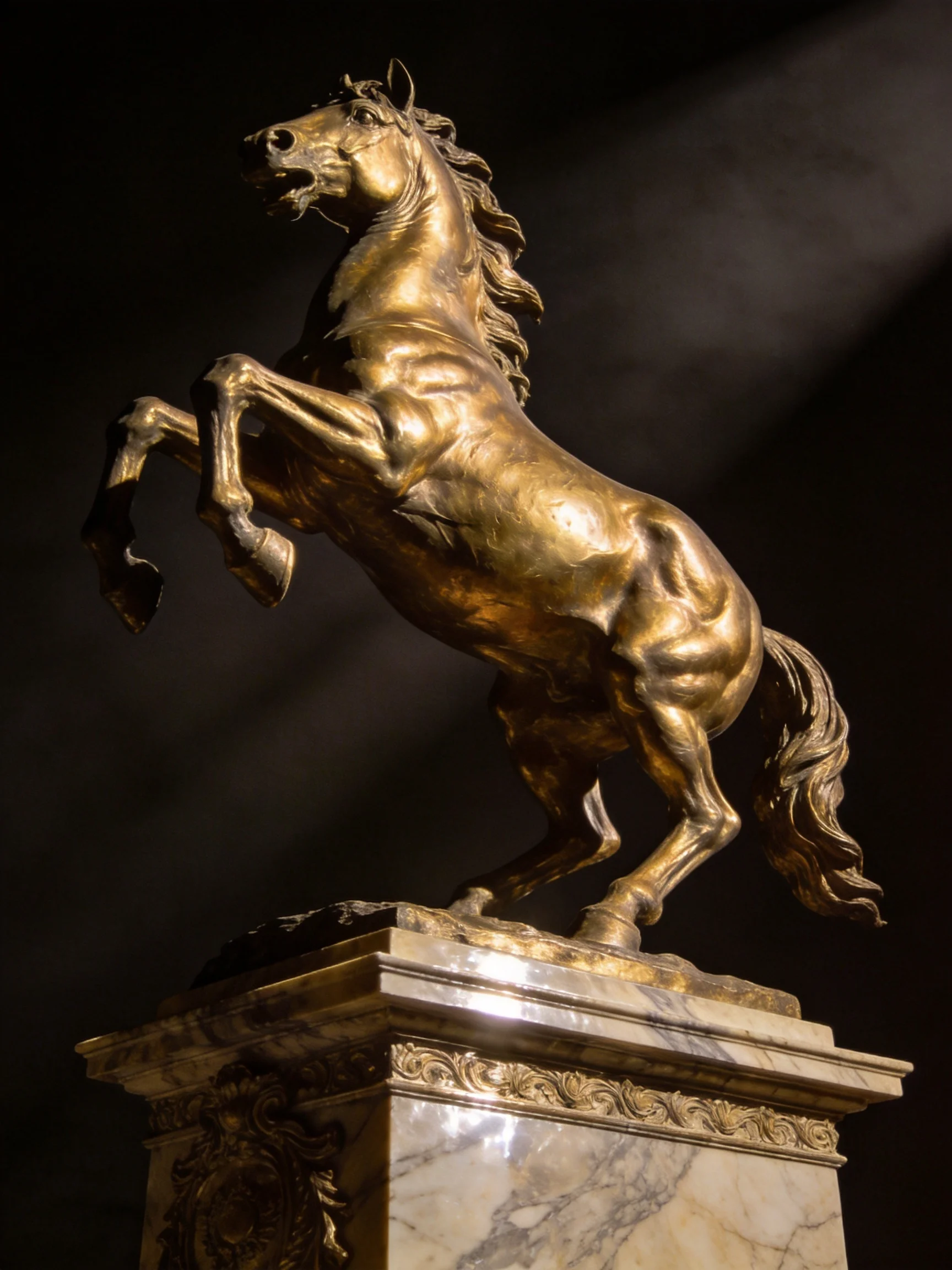 A golden rearing horse sculpture on an ornate marble pedestal