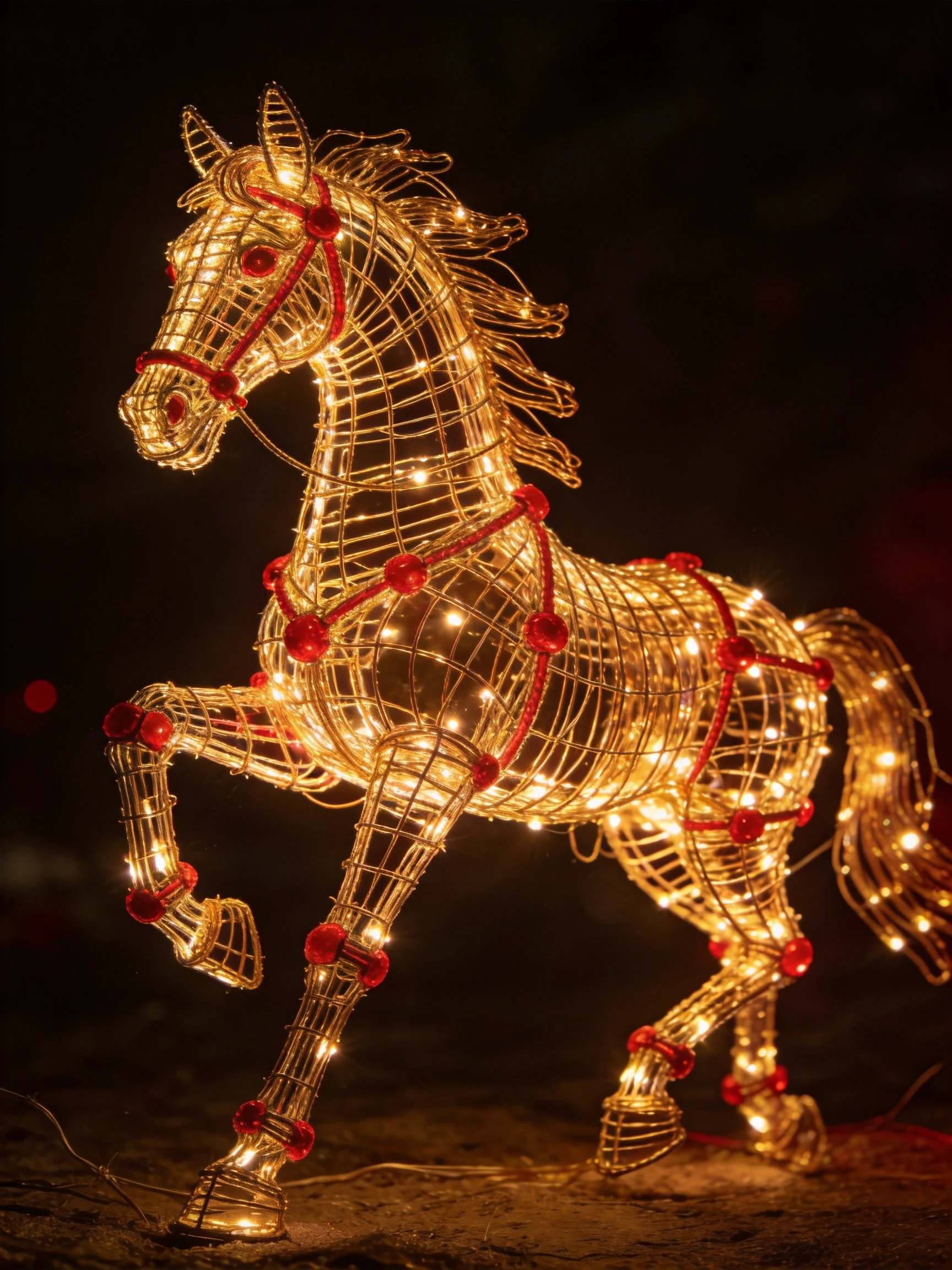 A golden wire horse sculpture adorned with red accents and glowing lights