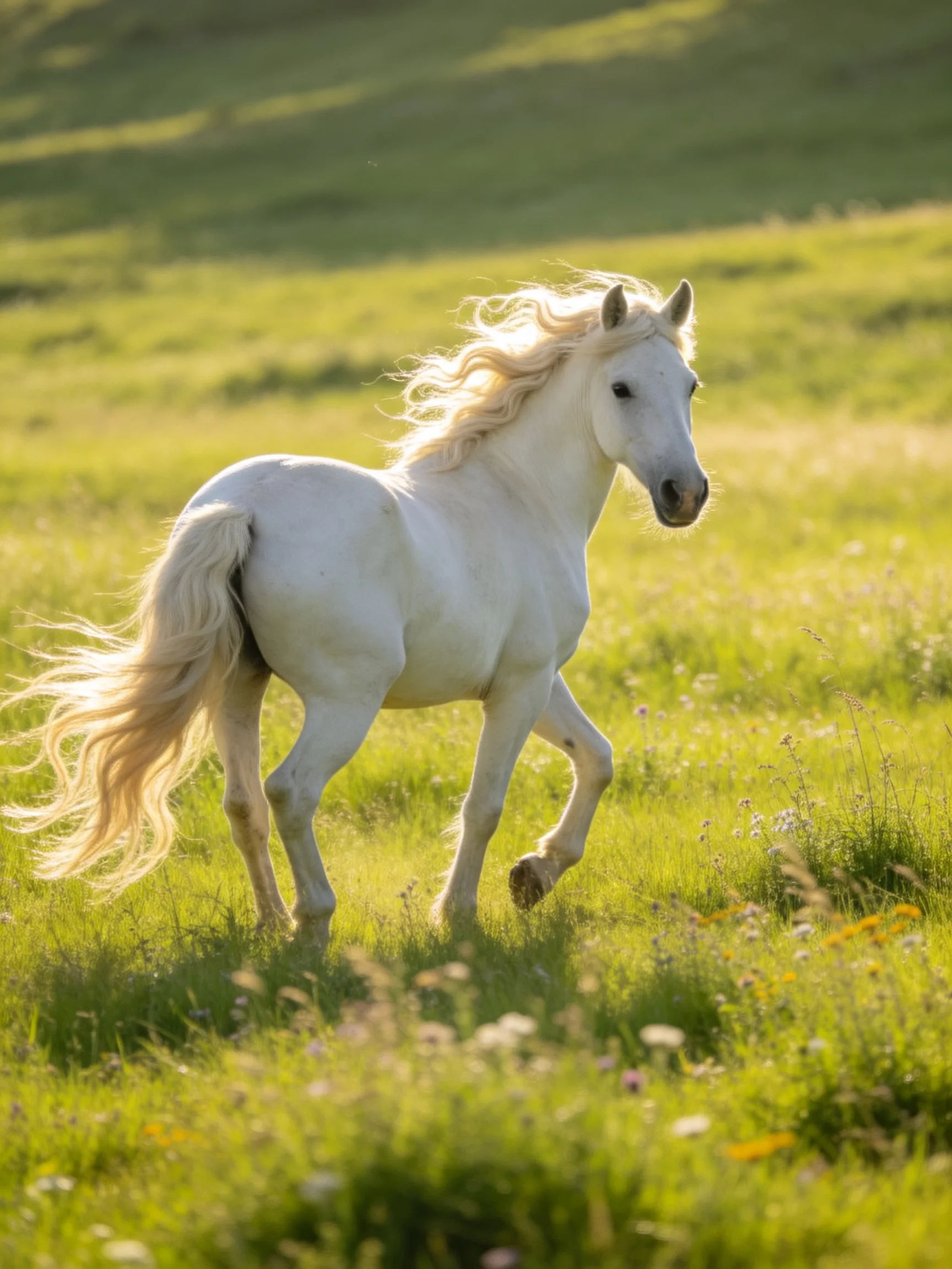 A graceful white horse galloping through a sunlit green meadow