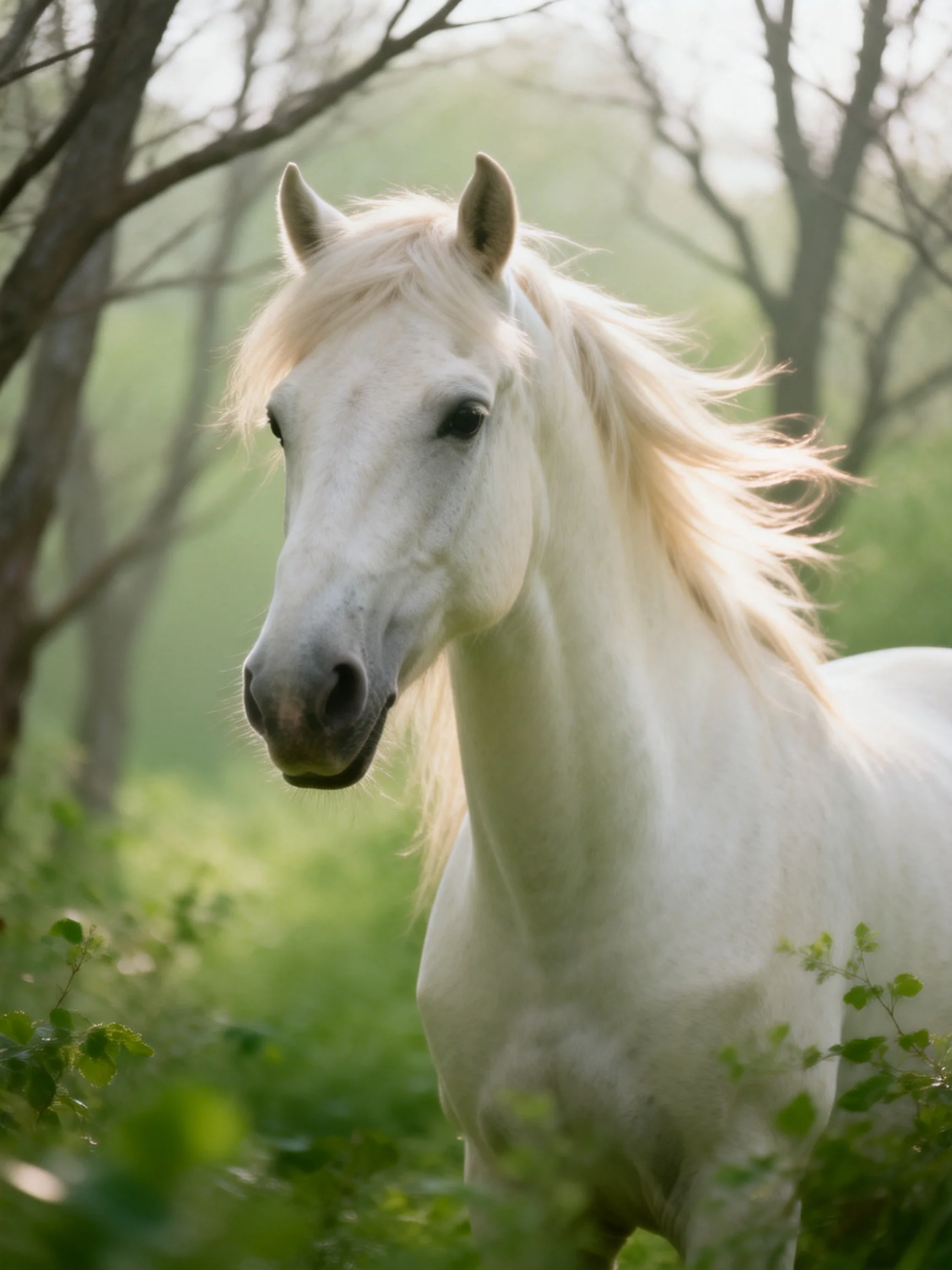 A graceful white horse in a sun-dappled forest glade