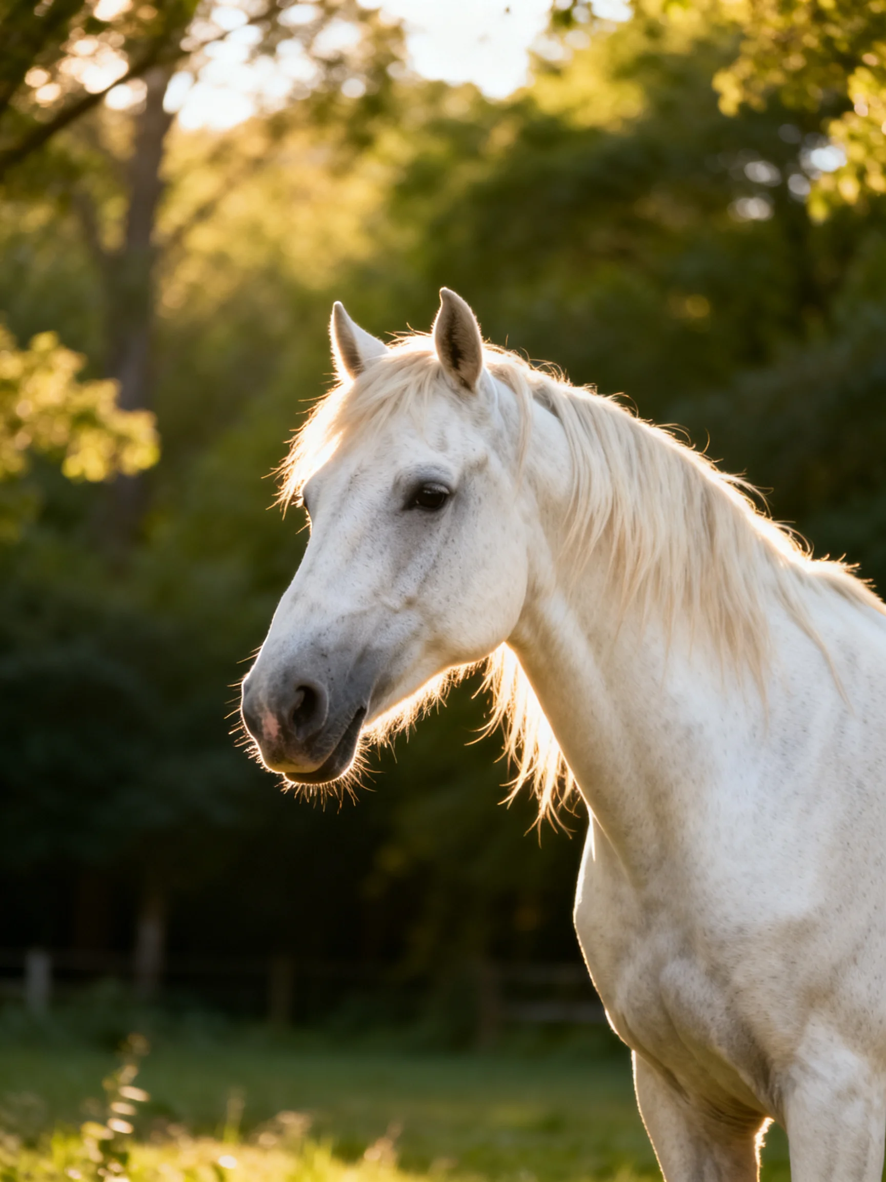 A graceful white horse in a sunlit forest clearing