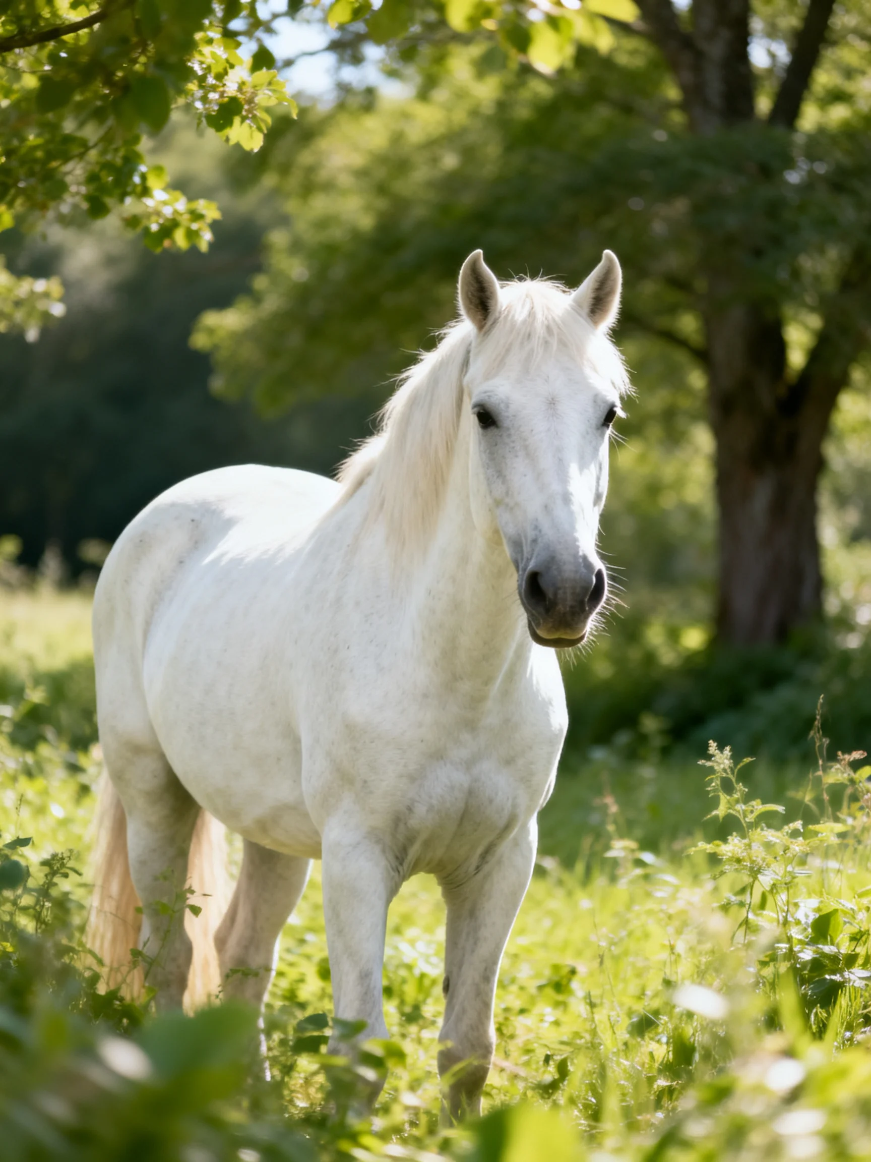A graceful white horse in a sunlit green meadow near large trees