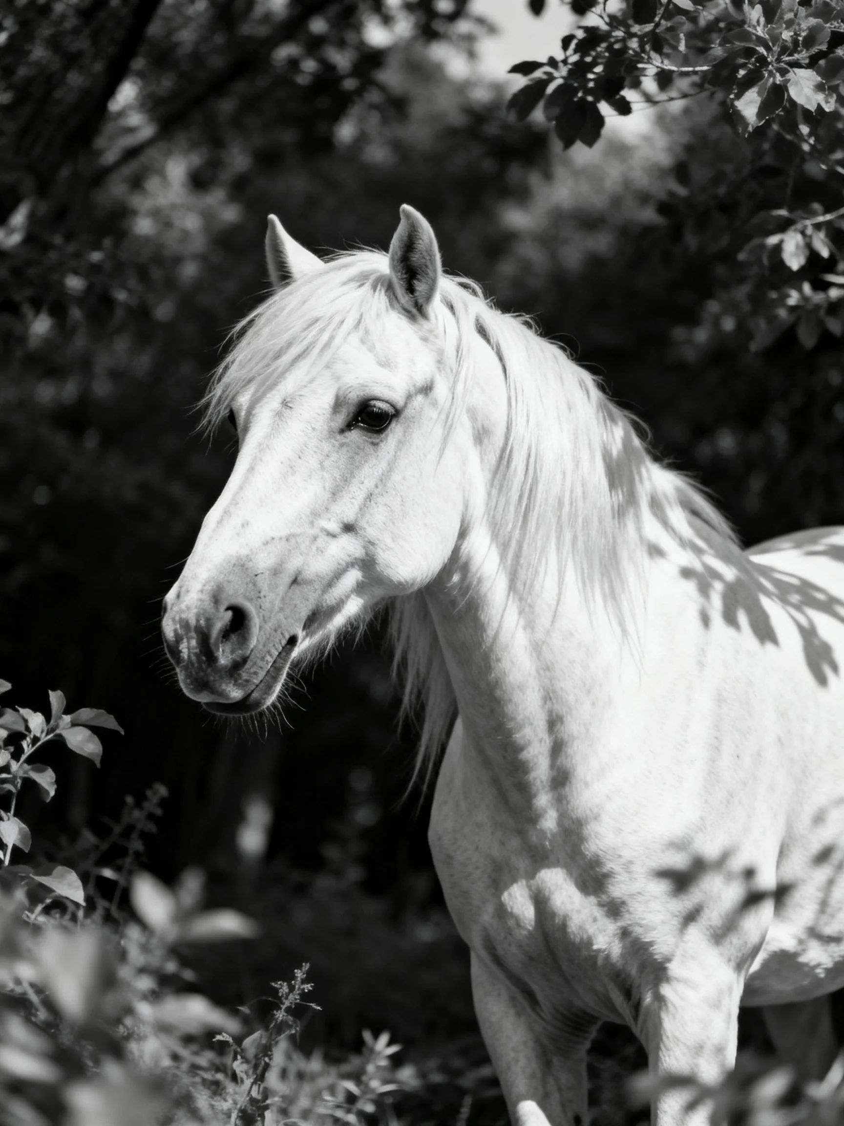 A graceful white horse stands among thick foliage in a monochrome natural setting