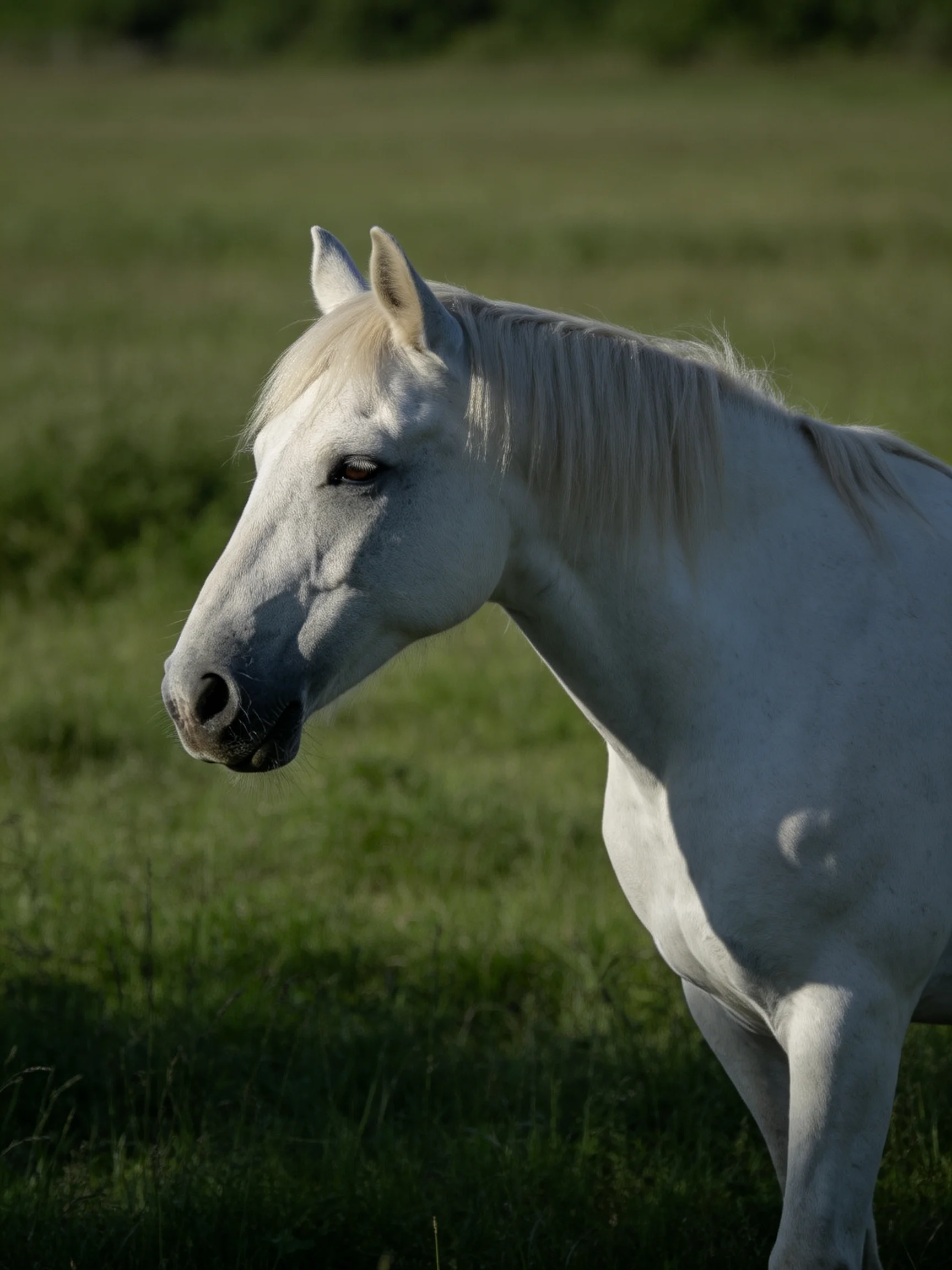 A graceful white horse stands in a sun-dappled green meadow