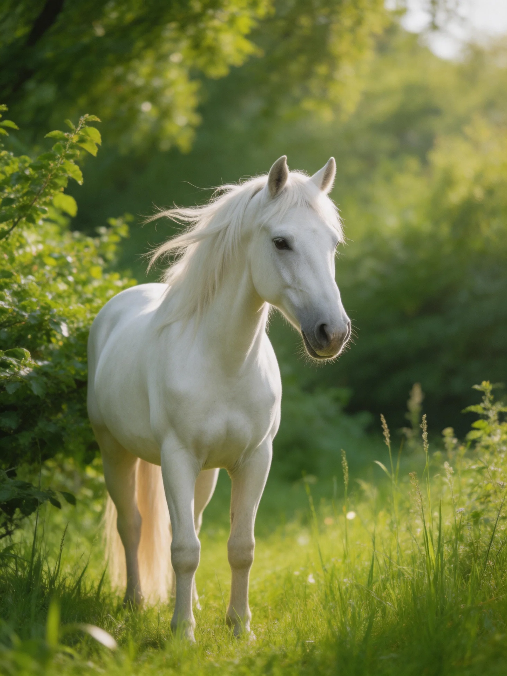 A graceful white horse stands in verdant greenery under warm sunlight