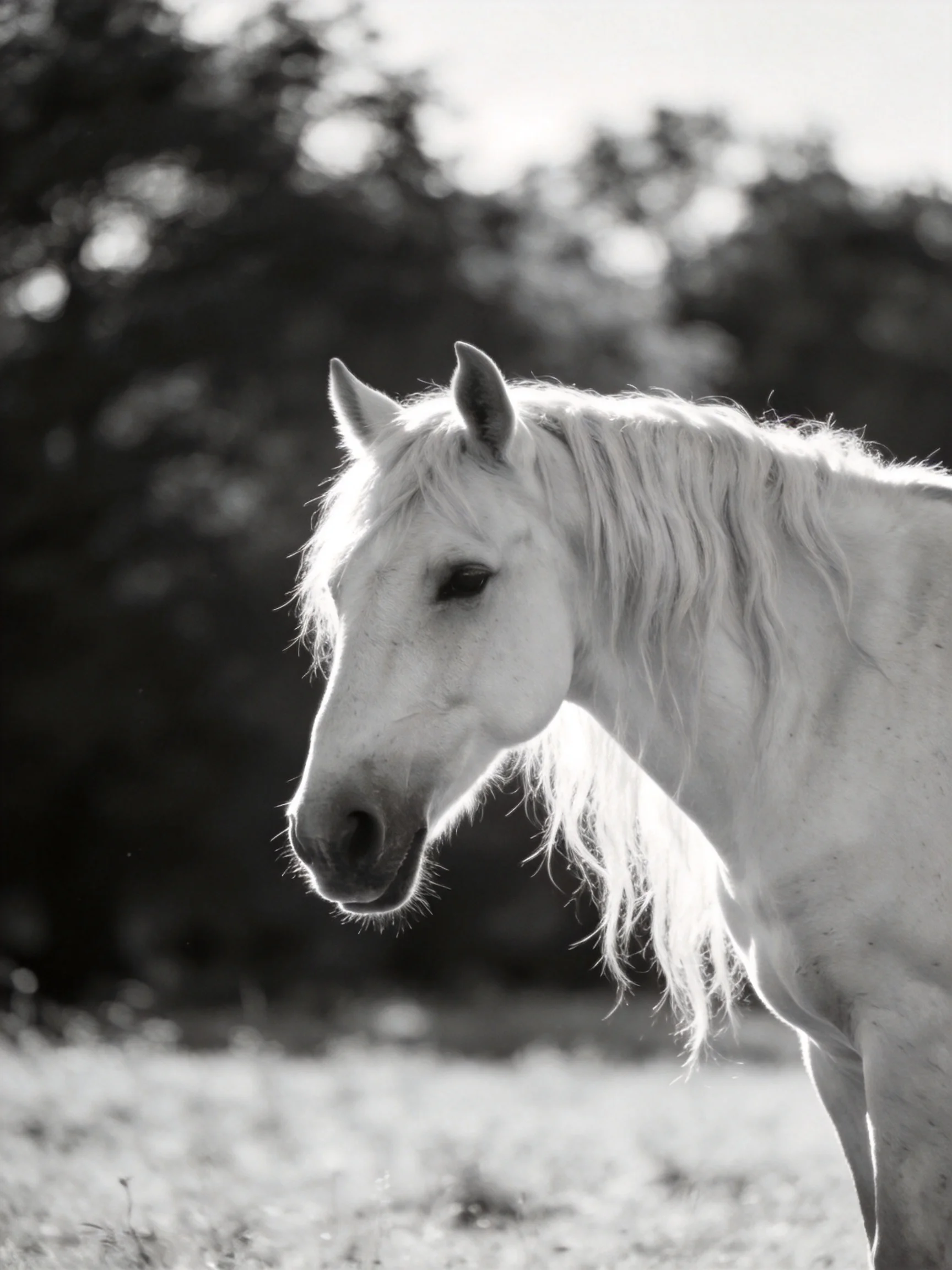 A graceful white horse with flowing mane in a natural landscape