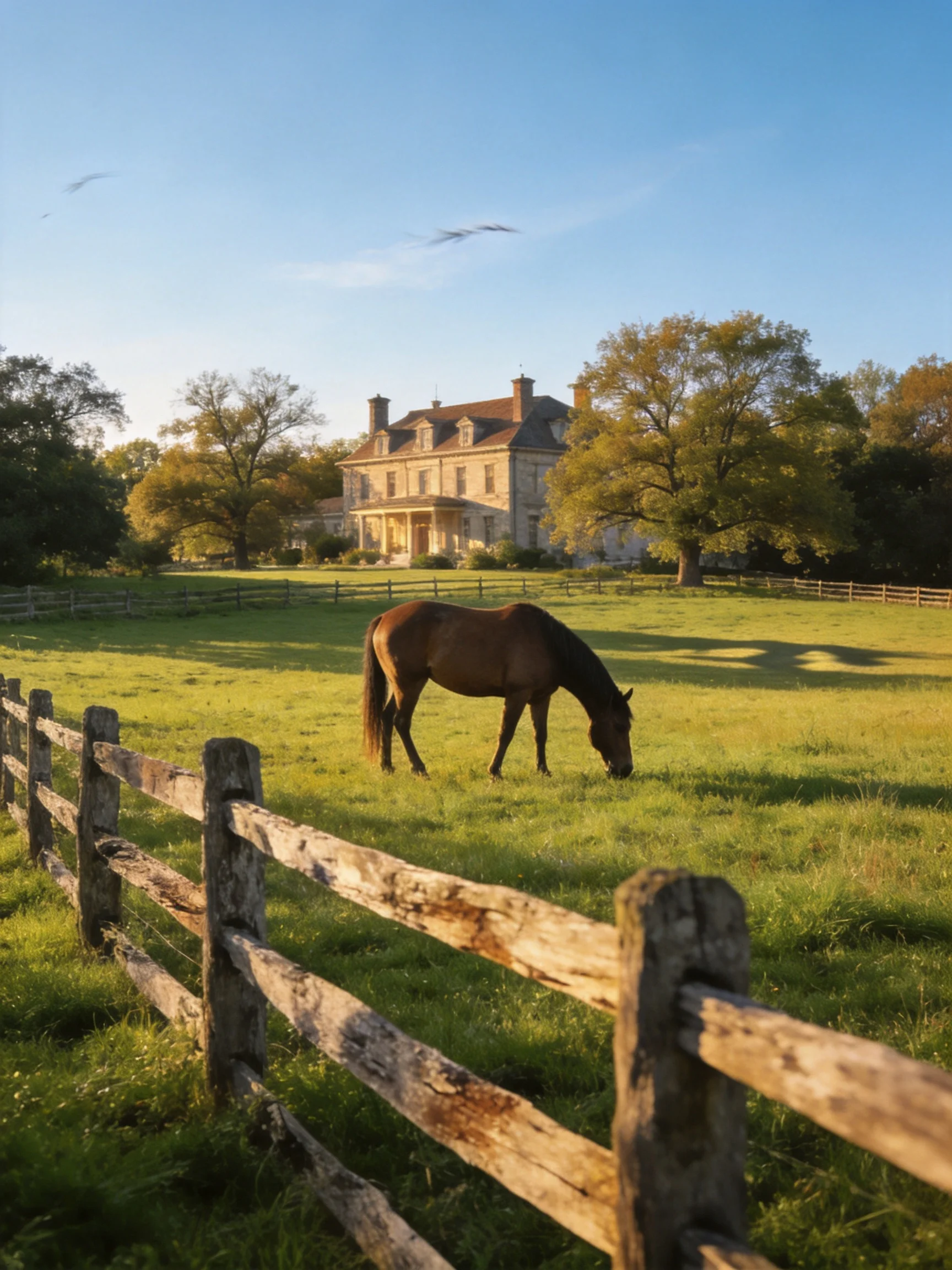 A grand mansion overlooks a fenced pasture with a grazing brown horse.