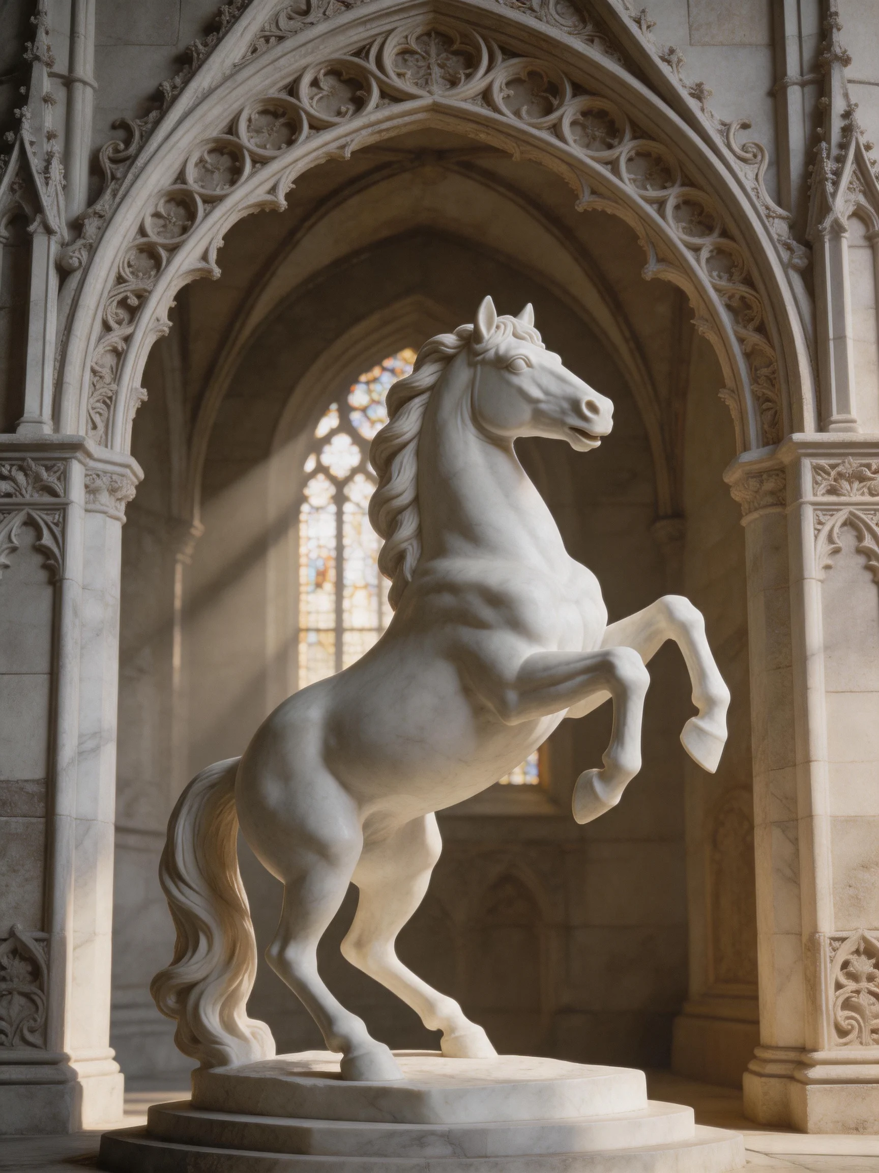 A grand white marble horse sculpture in ornate stone arches