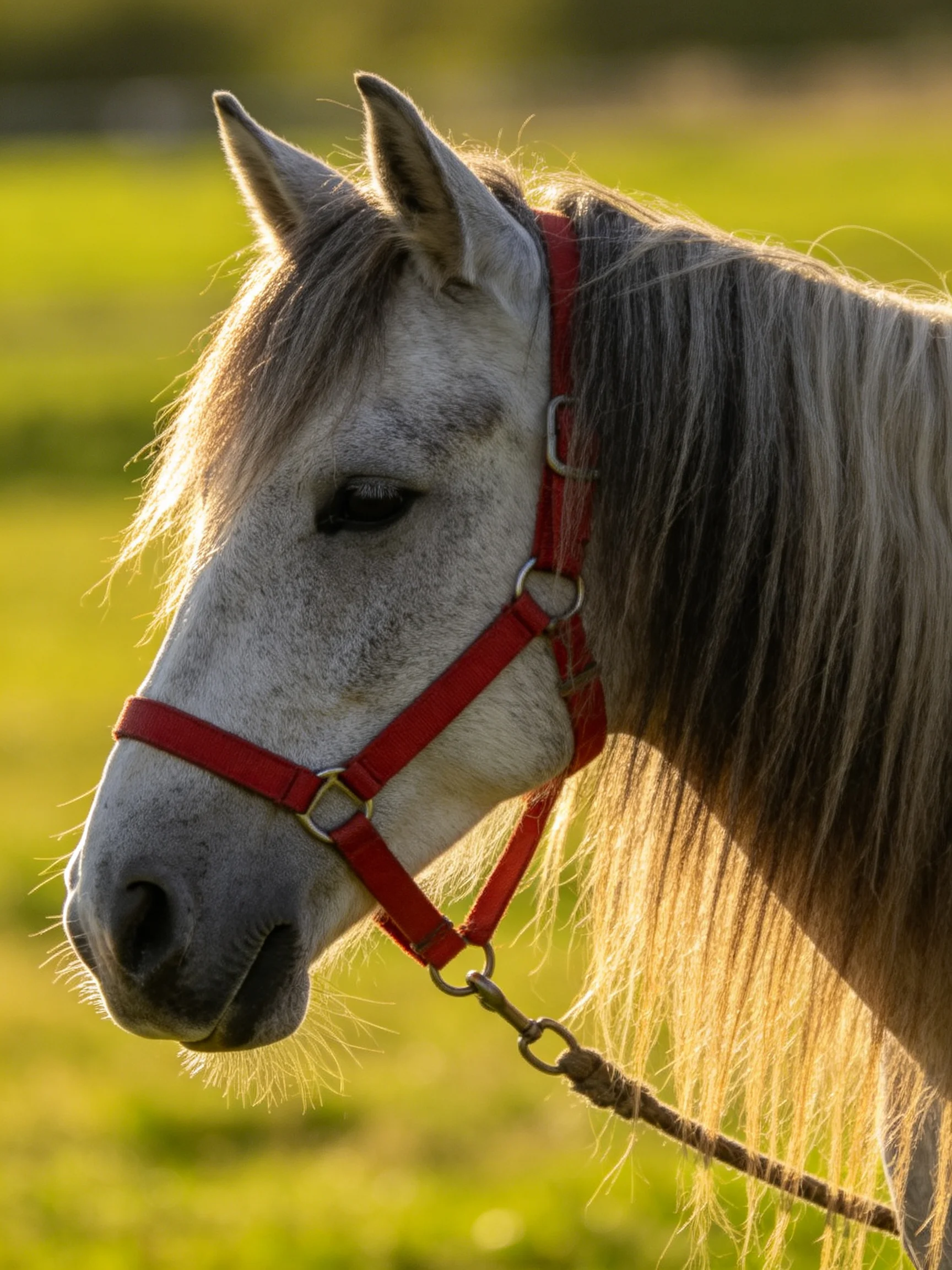 A gray - coated horse with a bright red halter in a sunlit meadow