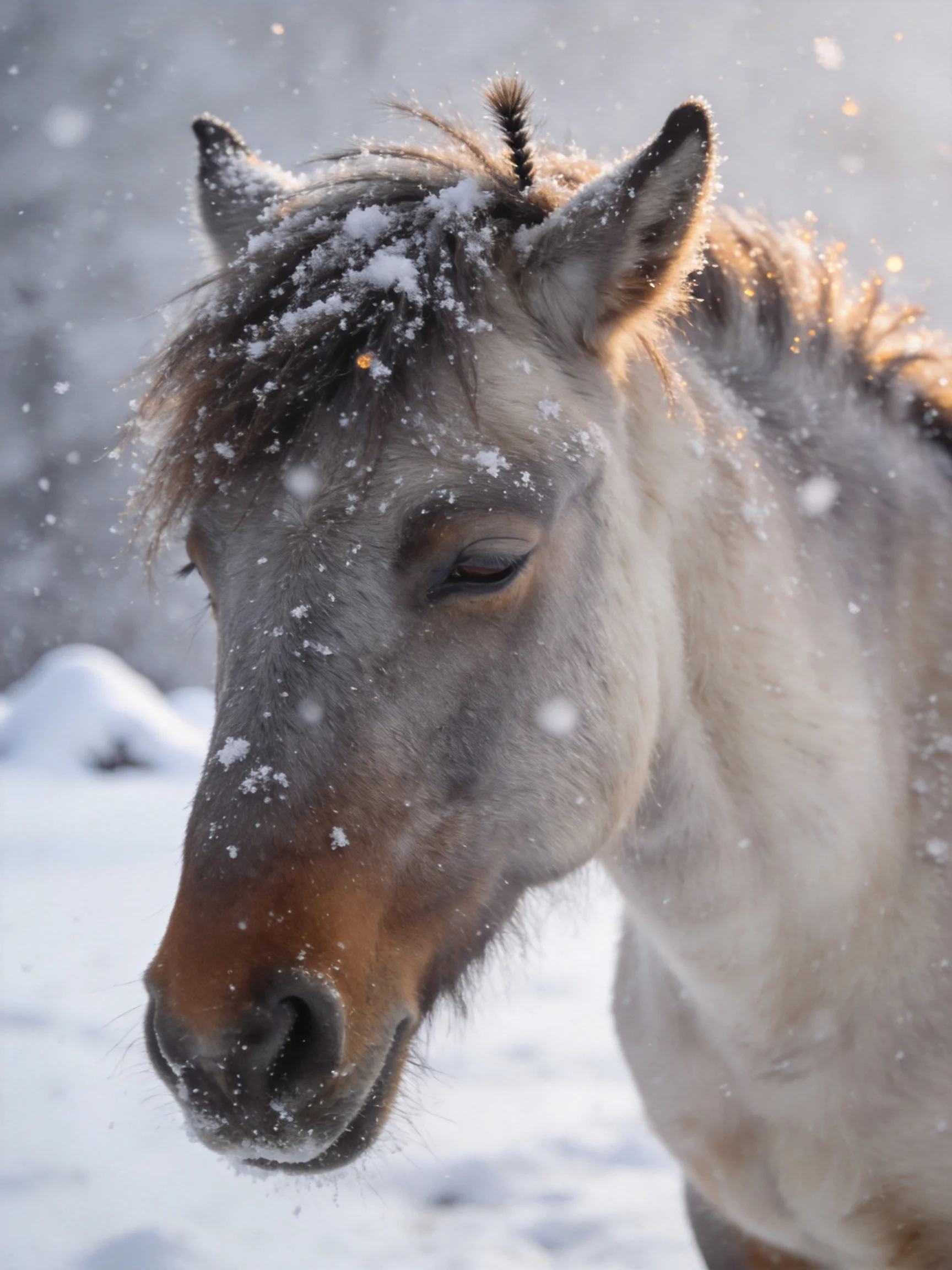 A gray and brown horse with snow-laden mane in a wintry landscape
