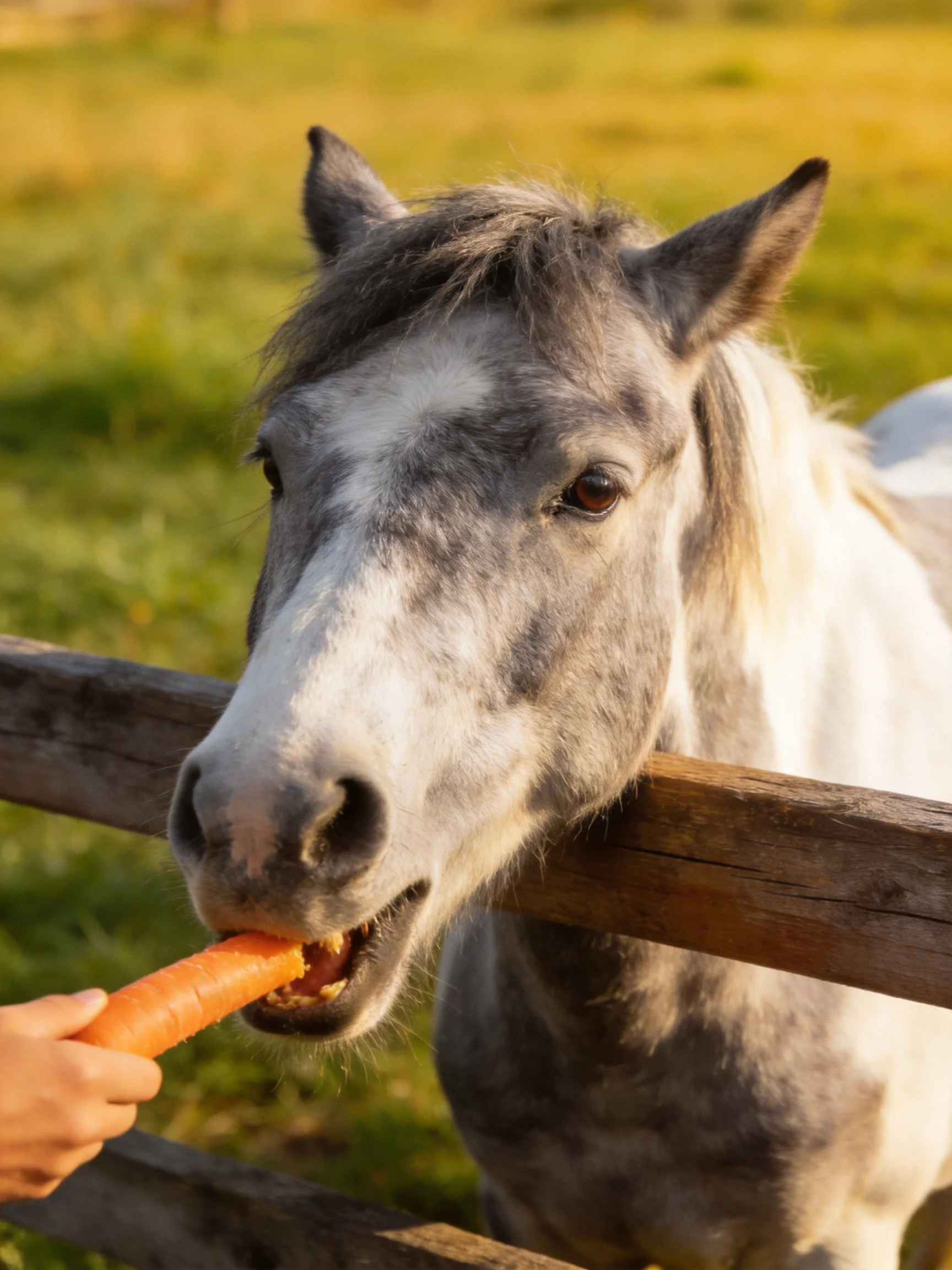 A gray and white horse eats a carrot by a wooden fence in a green field