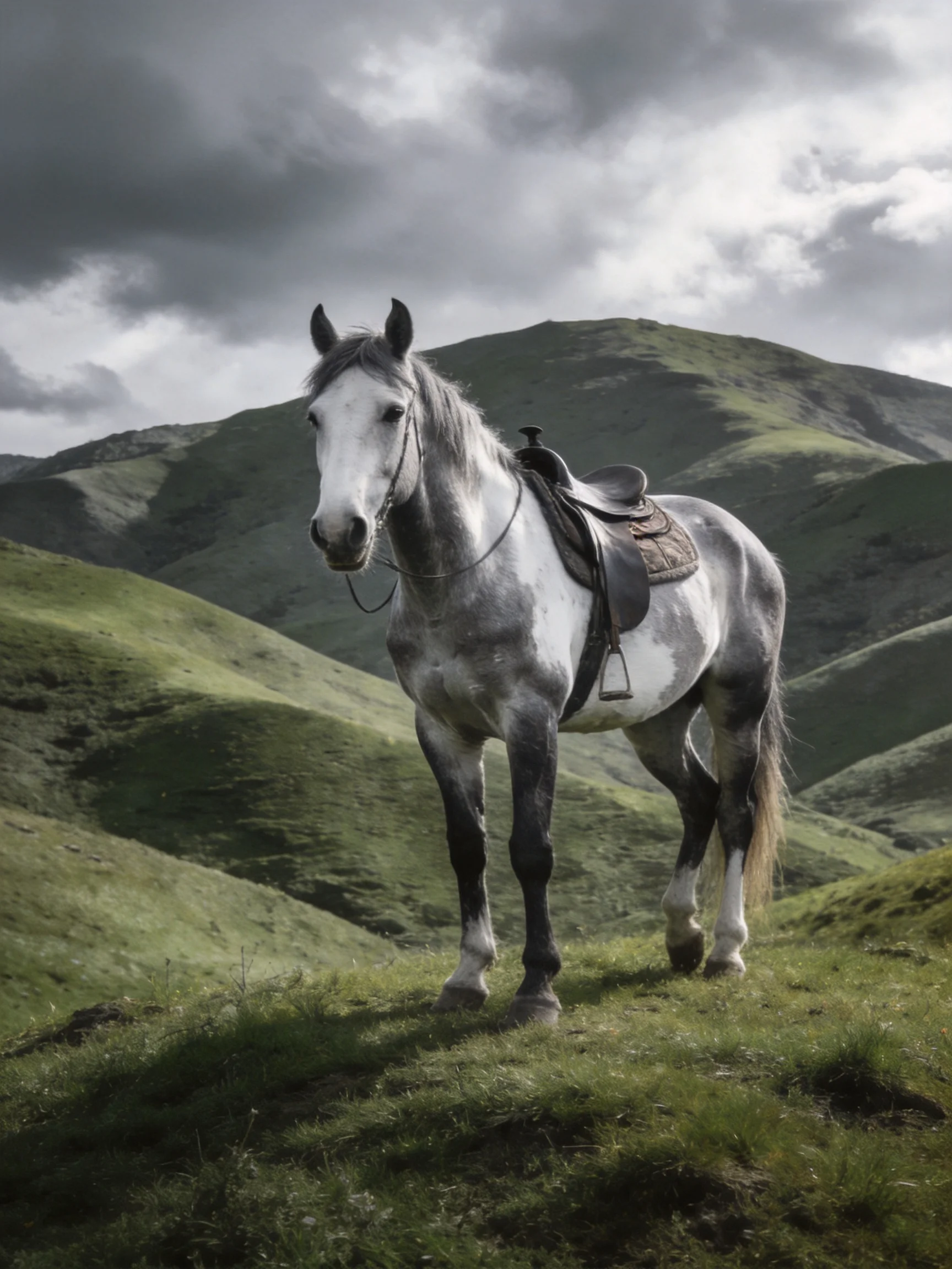 A gray and white saddled horse on rolling green hills