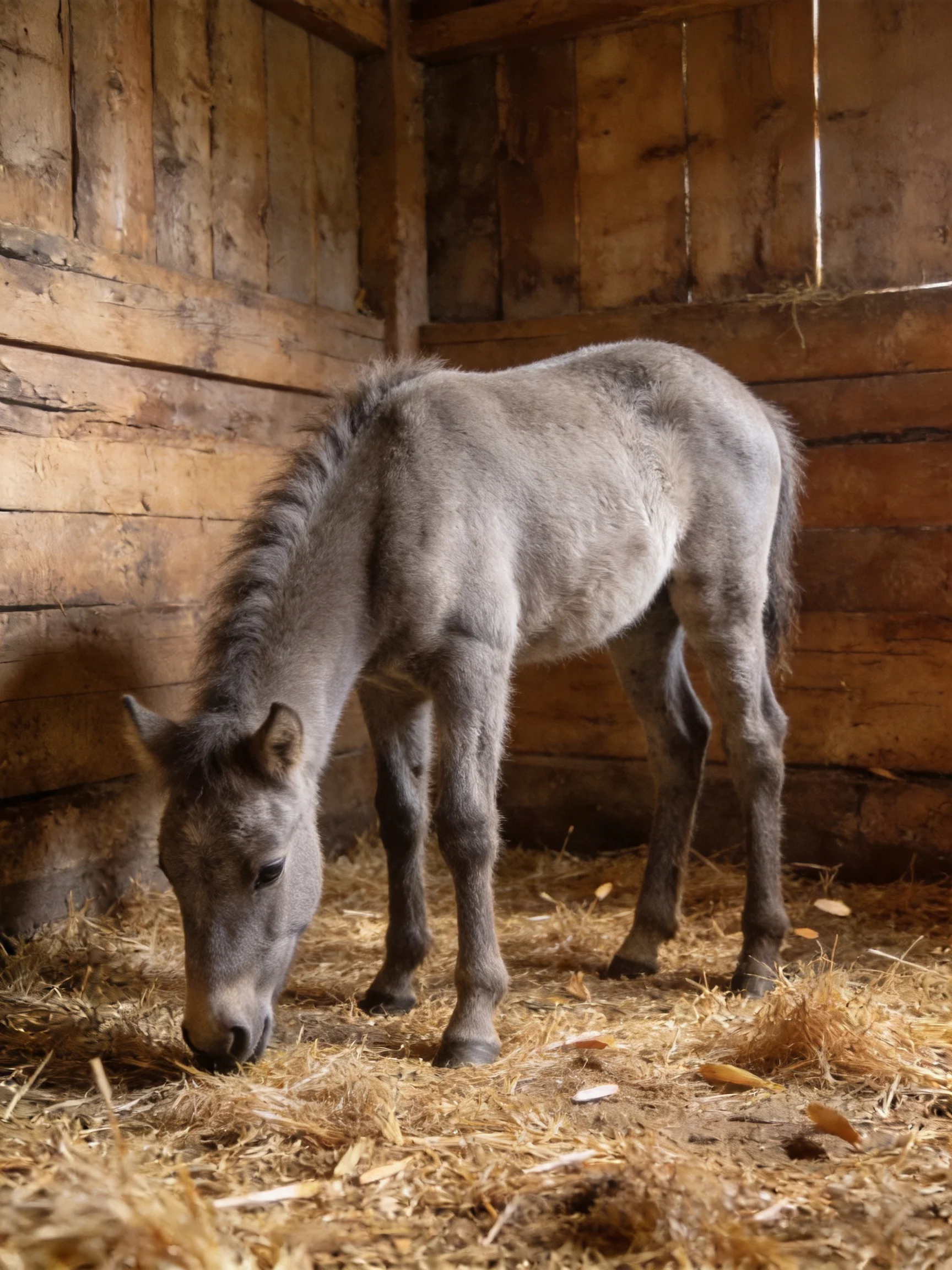 A gray foal grazing in a rustic wooden stable with straw bedding
