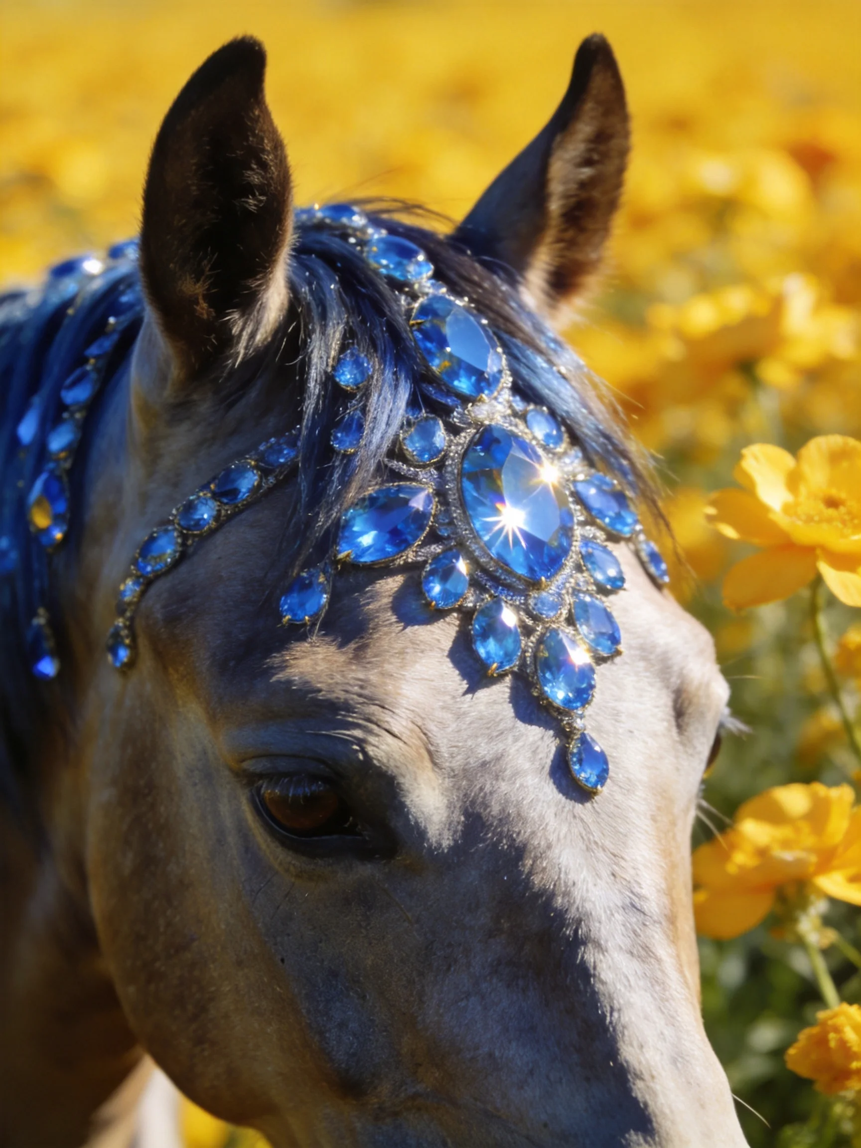 A gray horse adorned with blue gemstones among golden blooms