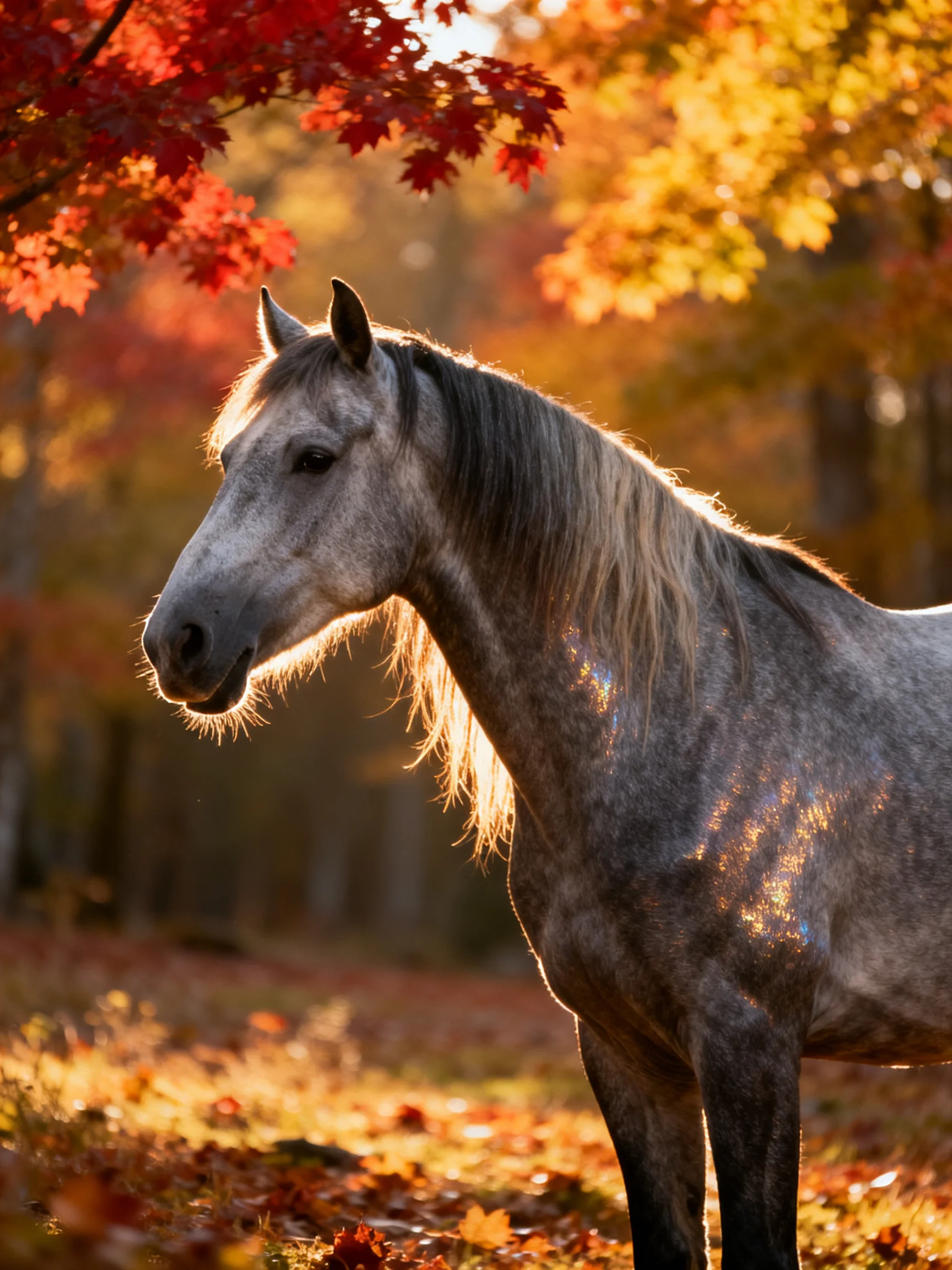 A gray horse amid colorful autumn foliage in golden light