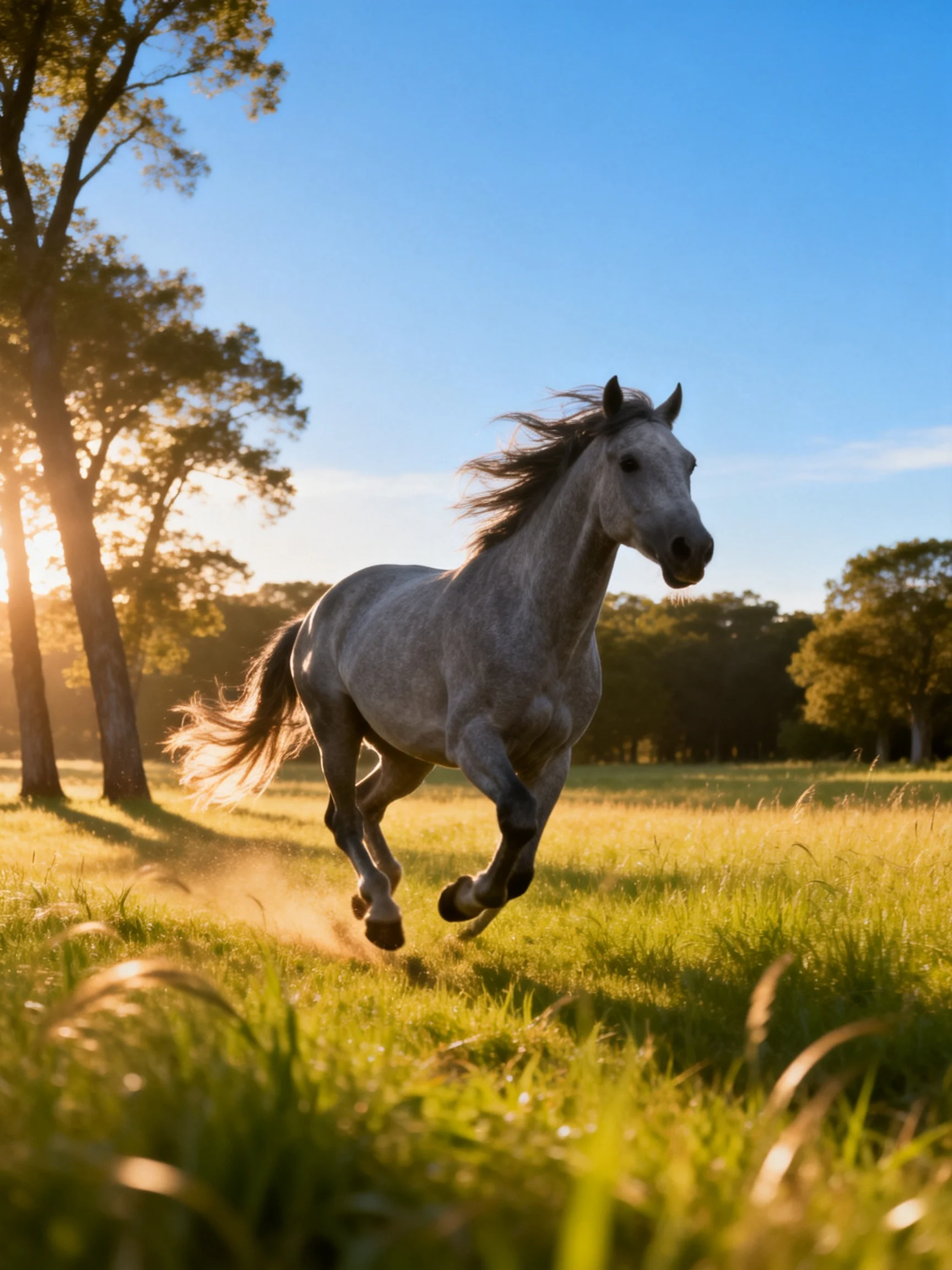 A gray horse galloping through a sunlit green meadow with scattered trees
