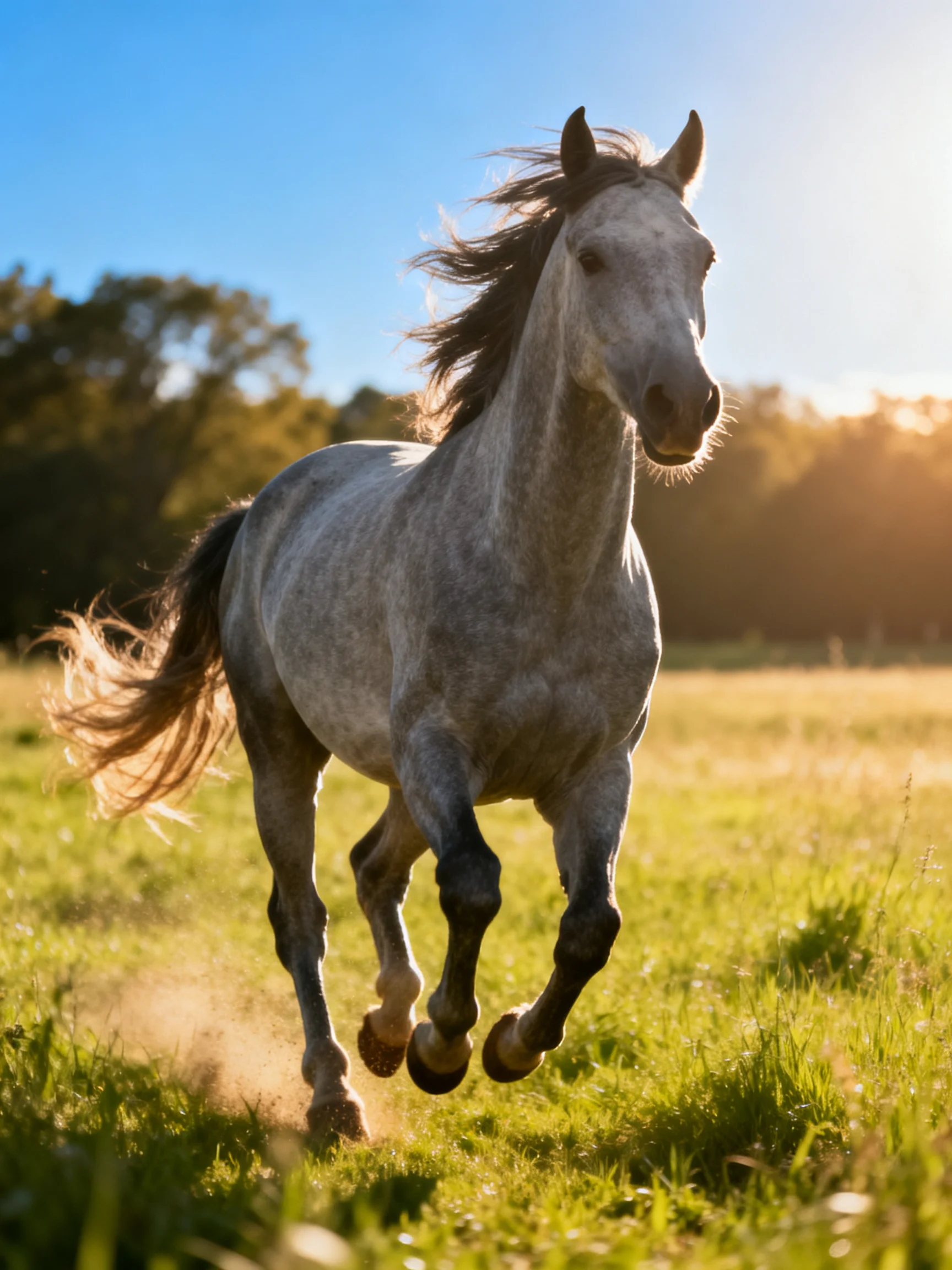 A gray horse galloping through a sunlit green pasture