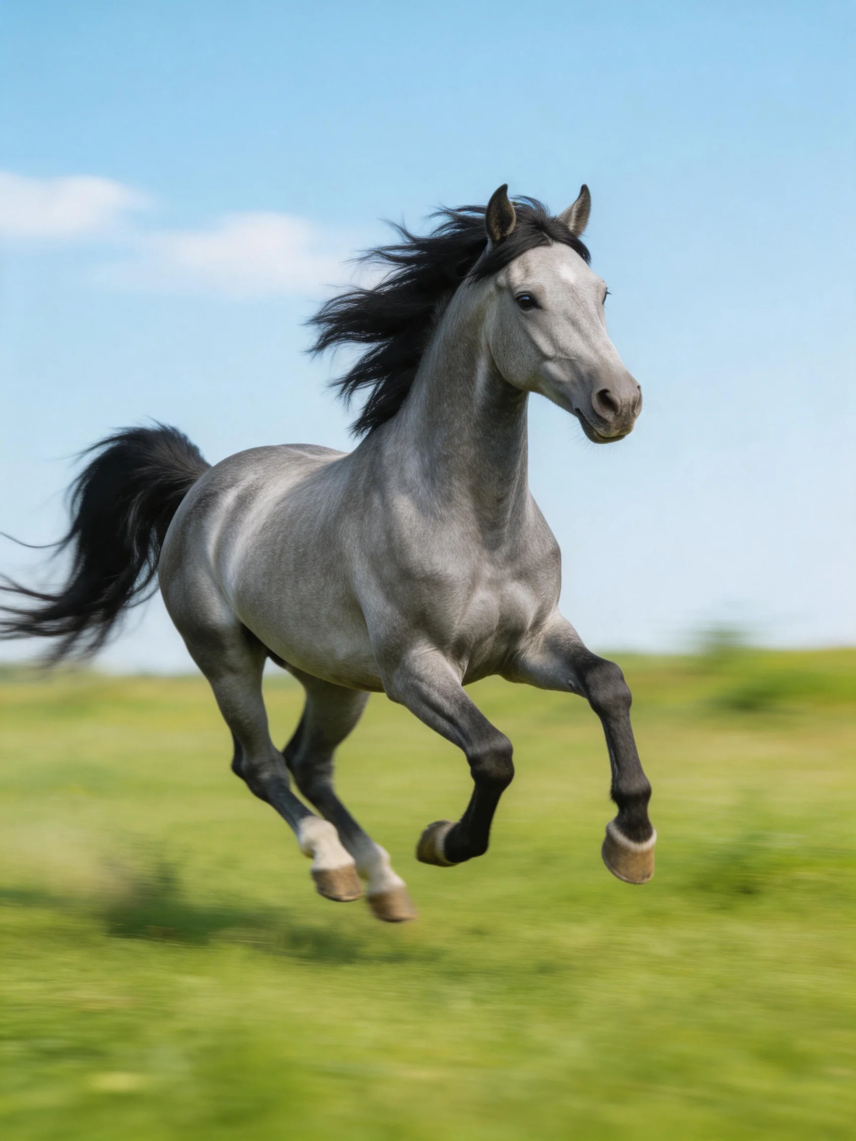 A gray horse galloping through a vast green pasture