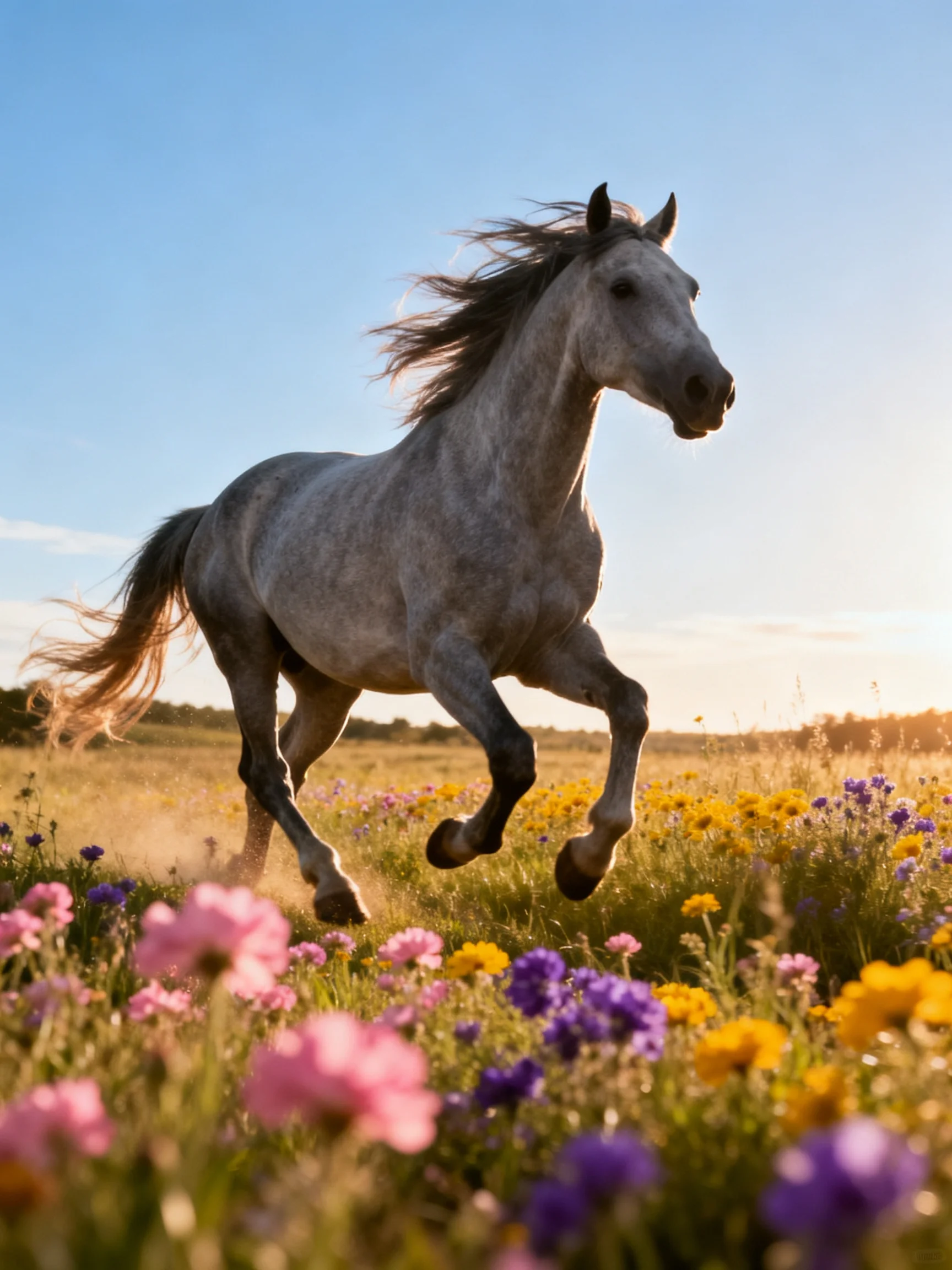 A gray horse galloping through a vibrant flower-filled meadow