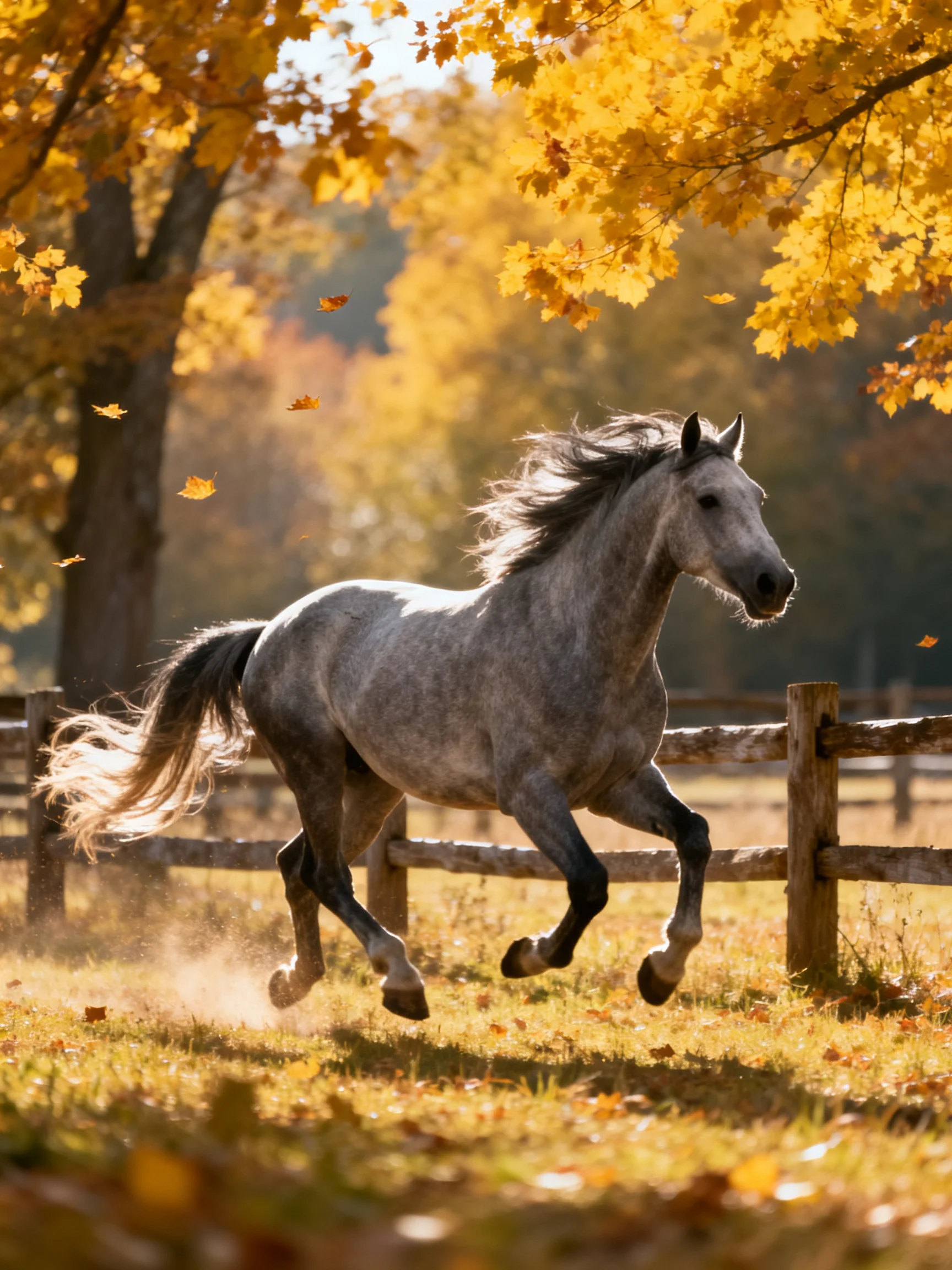 A gray horse galloping through an autumn field with golden foliage