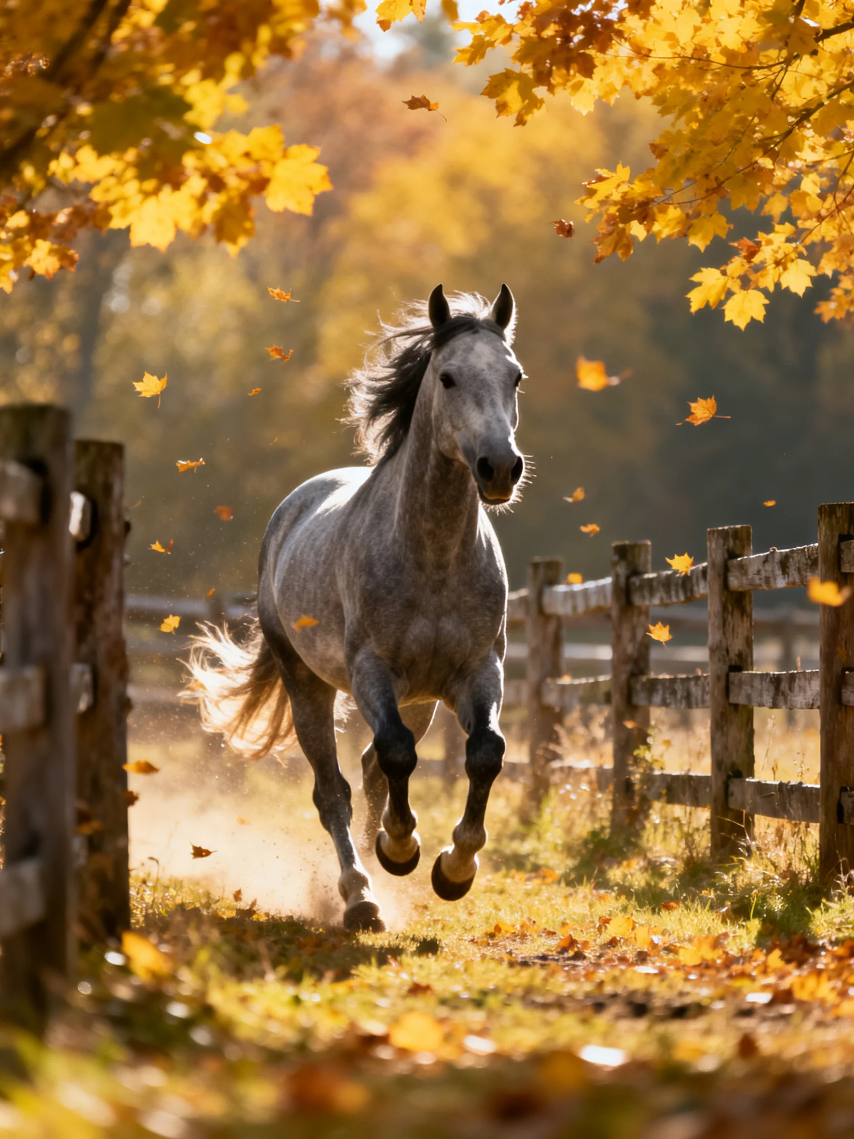 A gray horse galloping through golden autumn scenery near a wooden fence