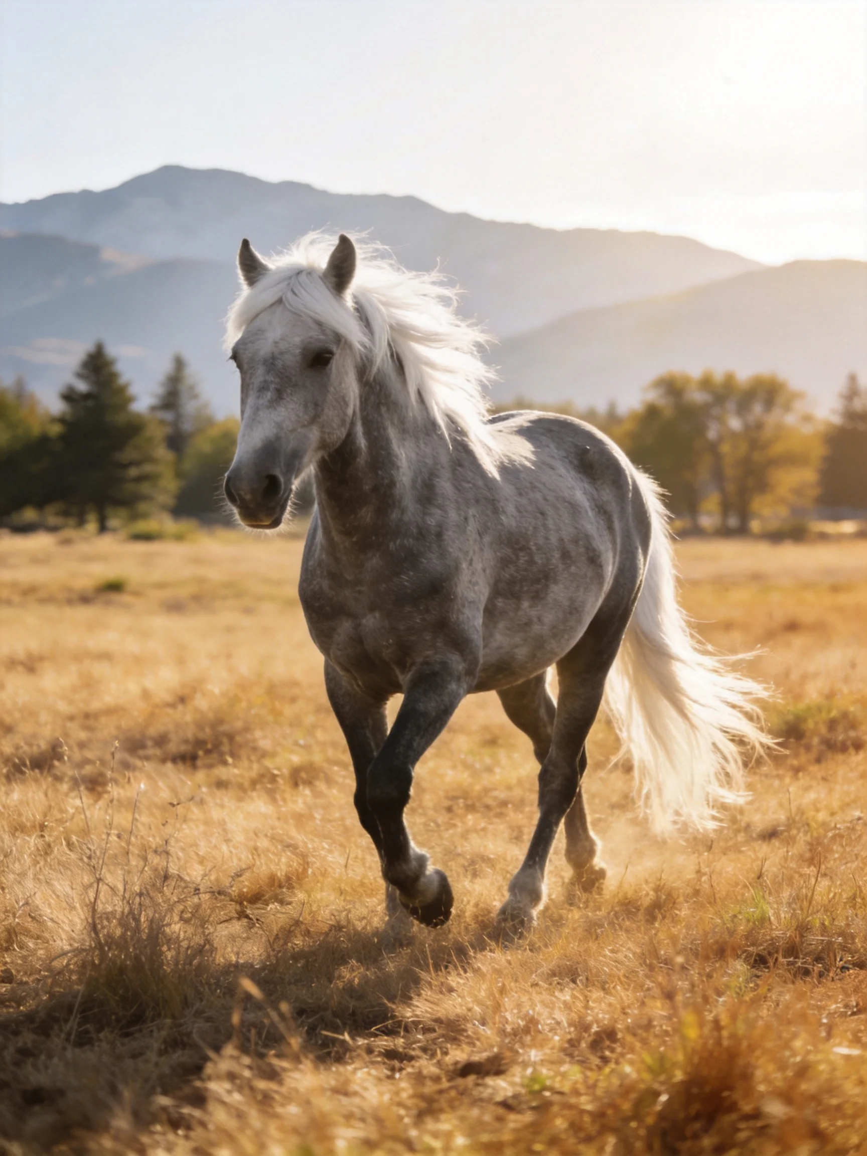 A gray horse galloping through golden grass near misty mountains