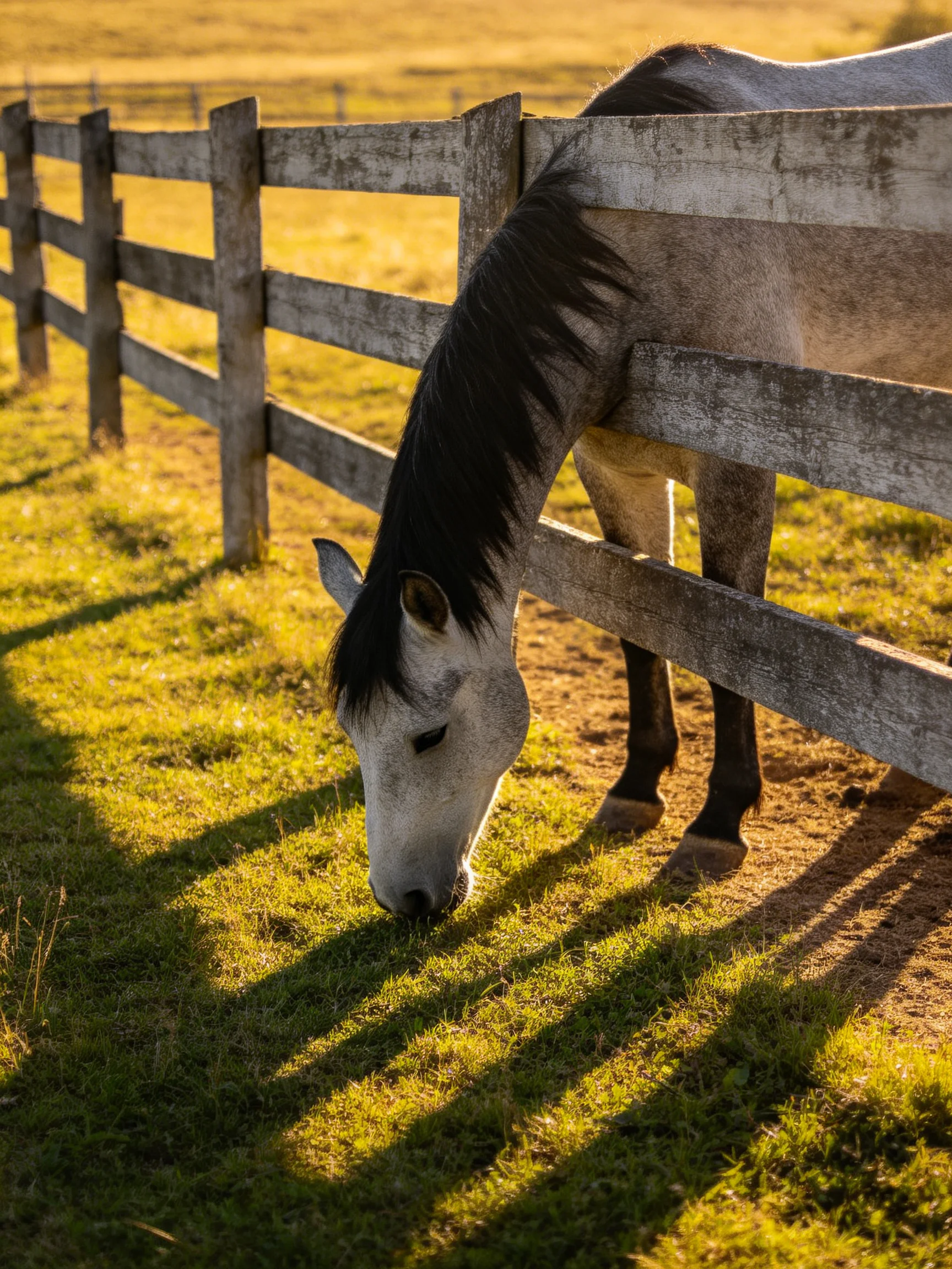 A gray horse grazes beside a weathered wooden fence in golden sunlight