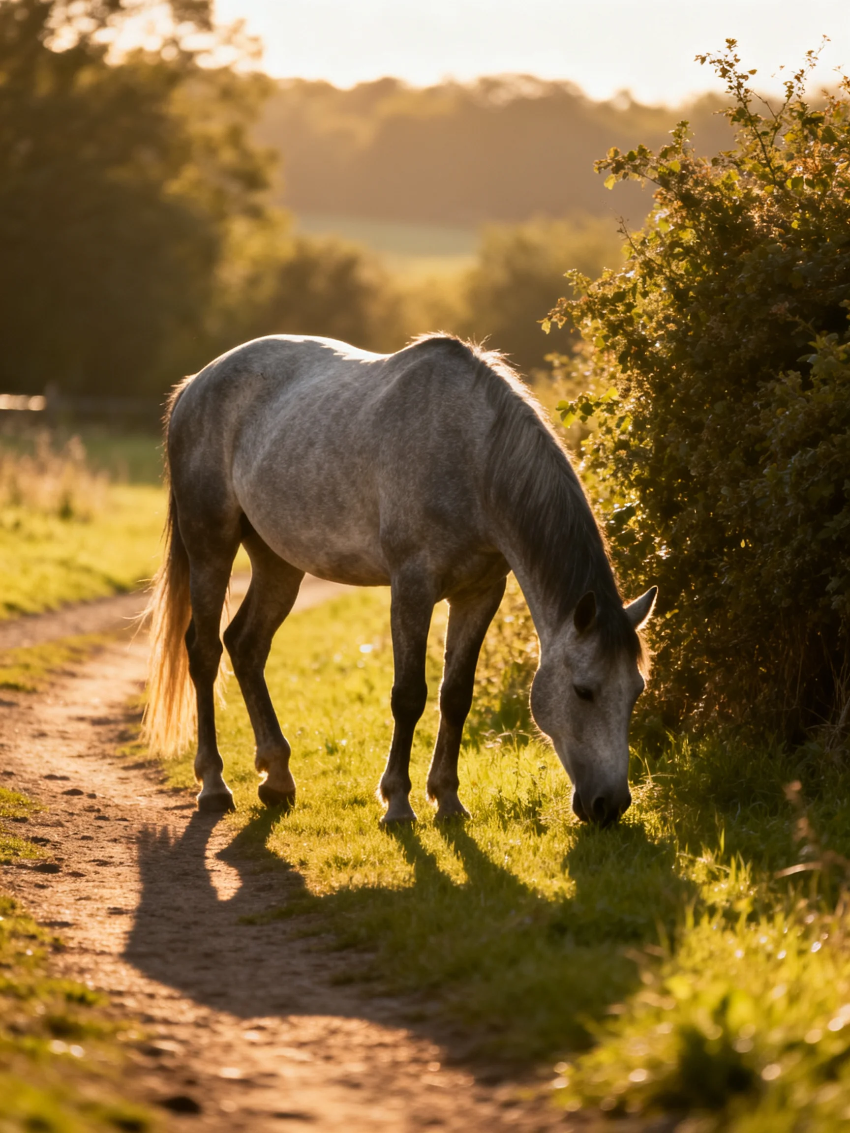 A gray horse feeds near bushes along a sunlit dirt path