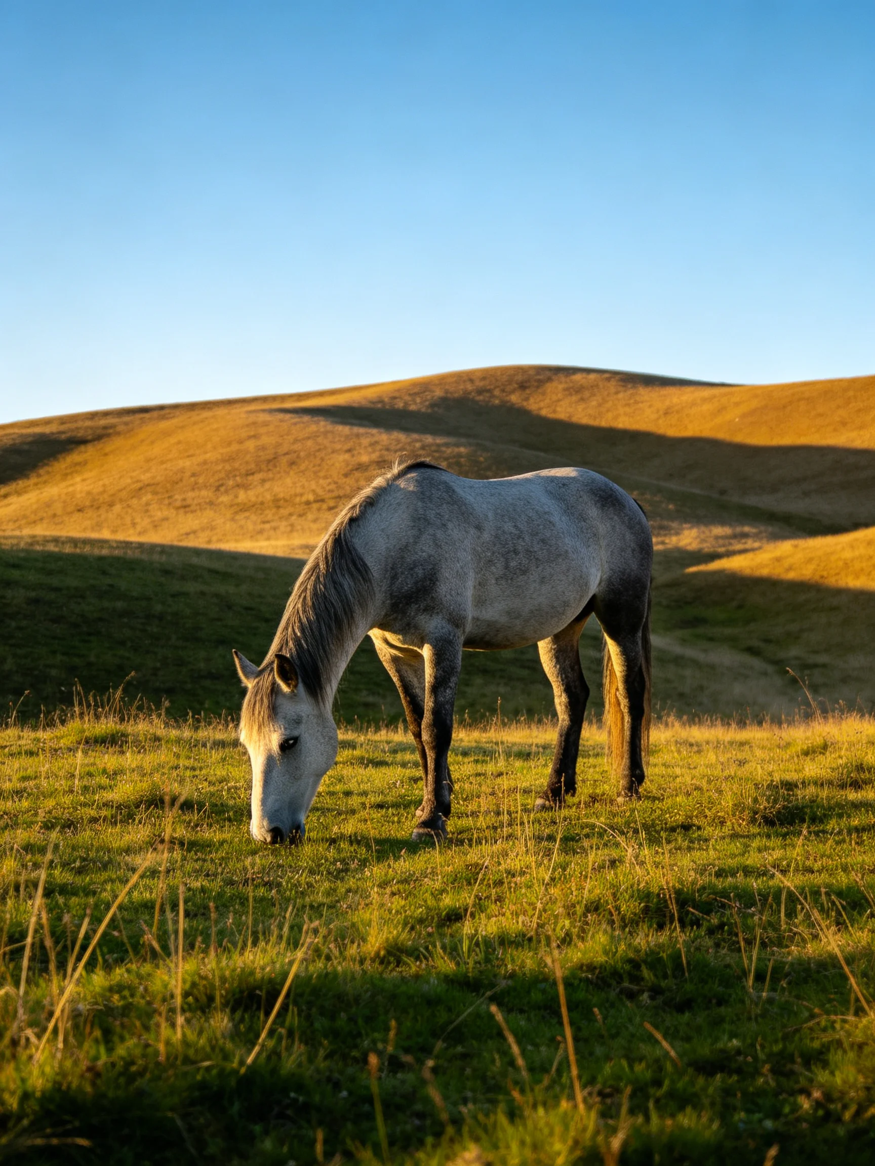 A gray horse grazes in a golden-hued rolling meadow