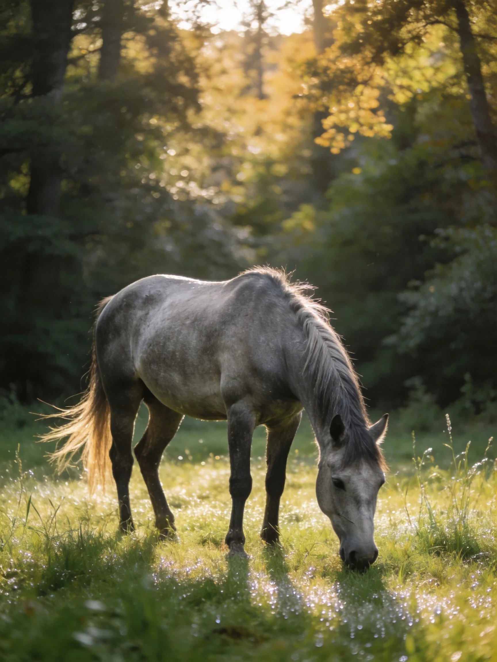 A gray horse grazes in a sunlit forest clearing