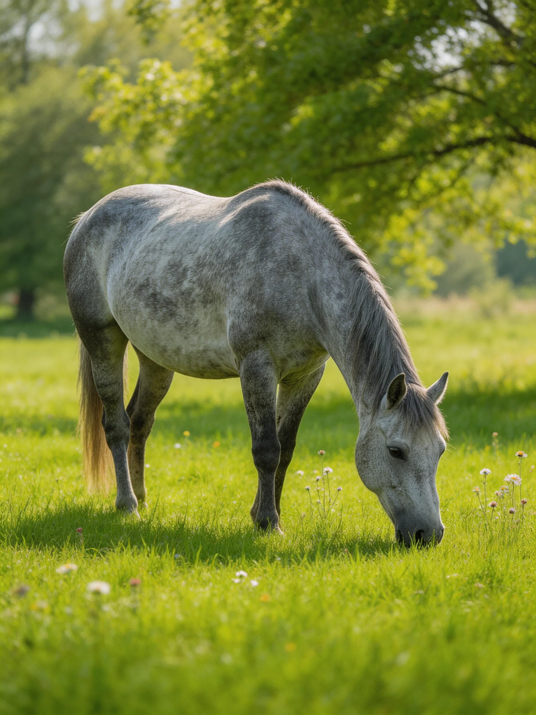 A gray horse grazes in a sunlit meadow near trees.