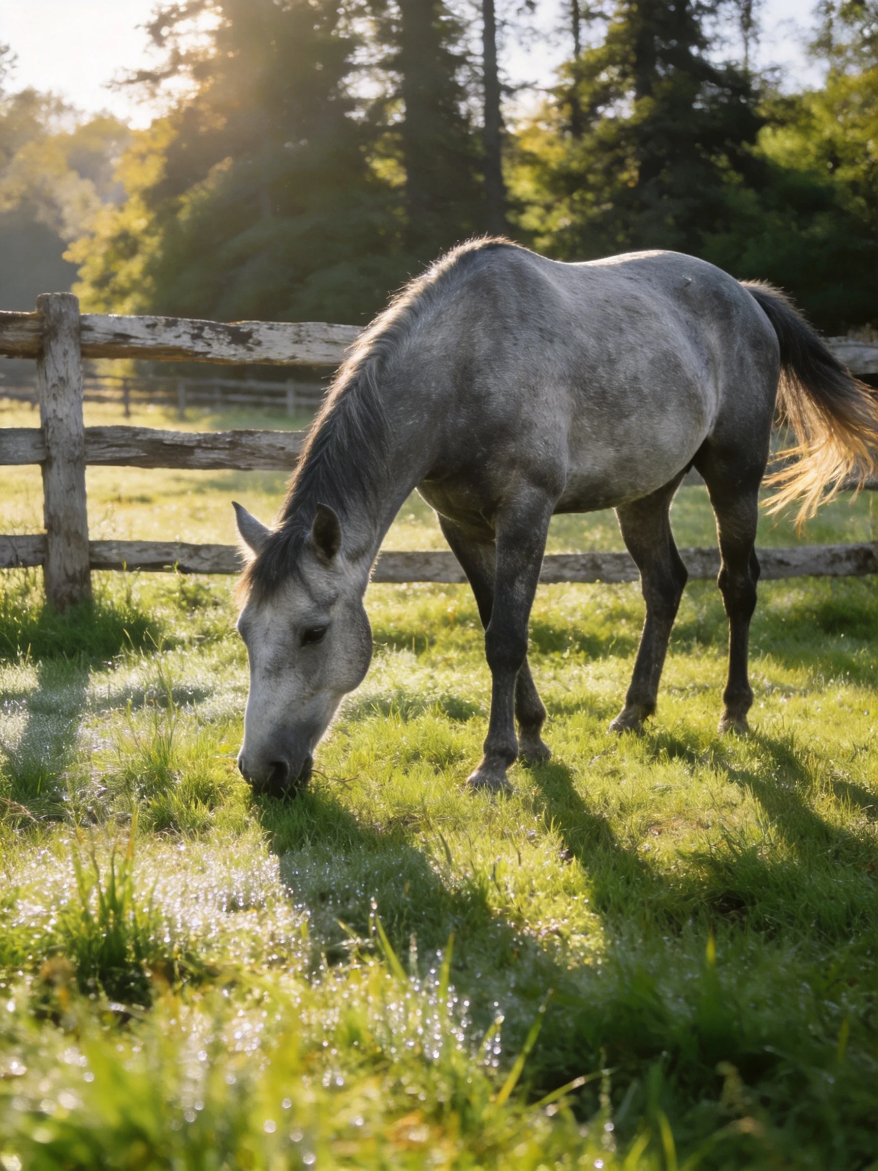 A gray horse grazes in a sunlit green pasture near a wooden fence