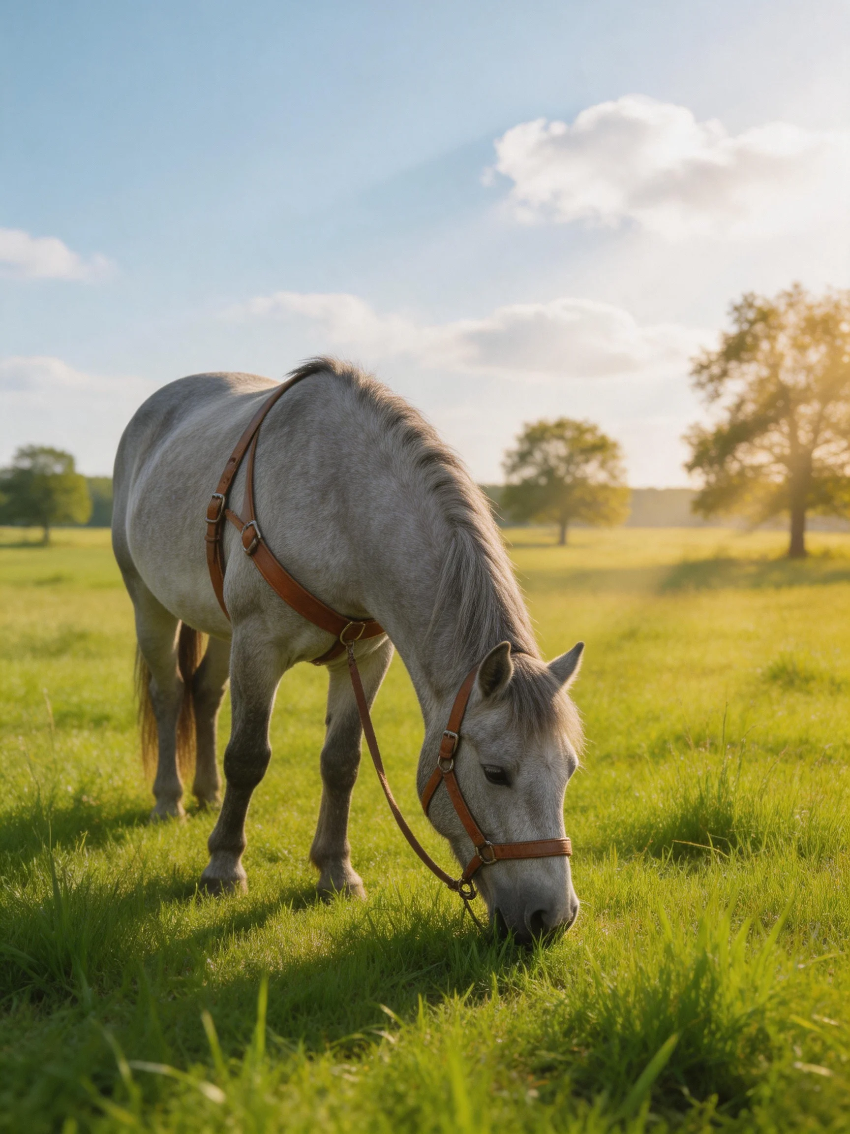 A gray horse grazes in a sunlit green pasture.