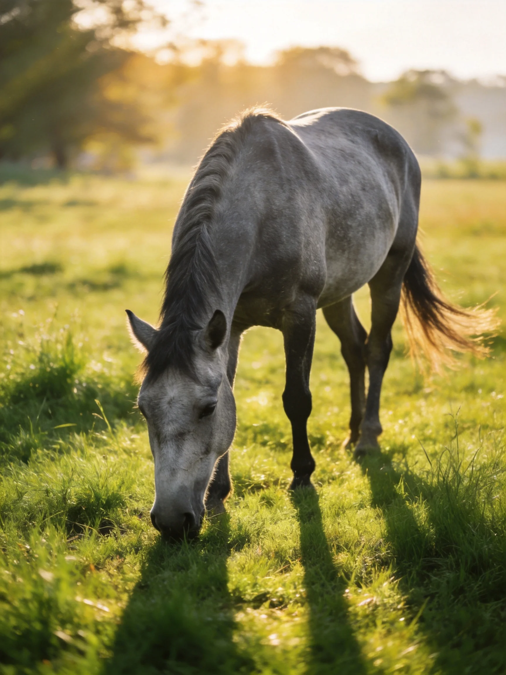 A gray horse grazes in a sunlit green pasture with golden sunlight