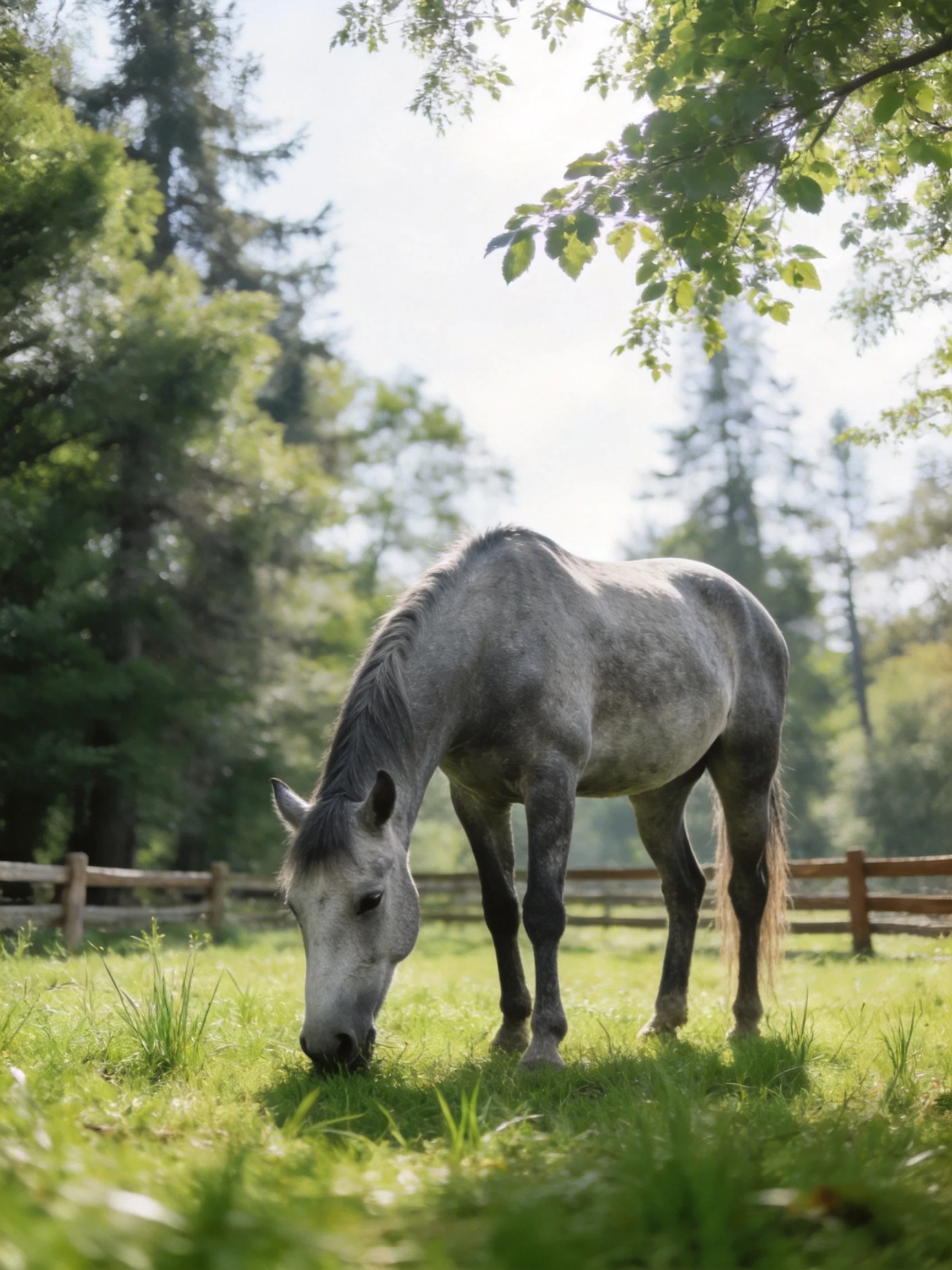 A gray horse eats grass in a sunlit pasture surrounded by trees and fences.