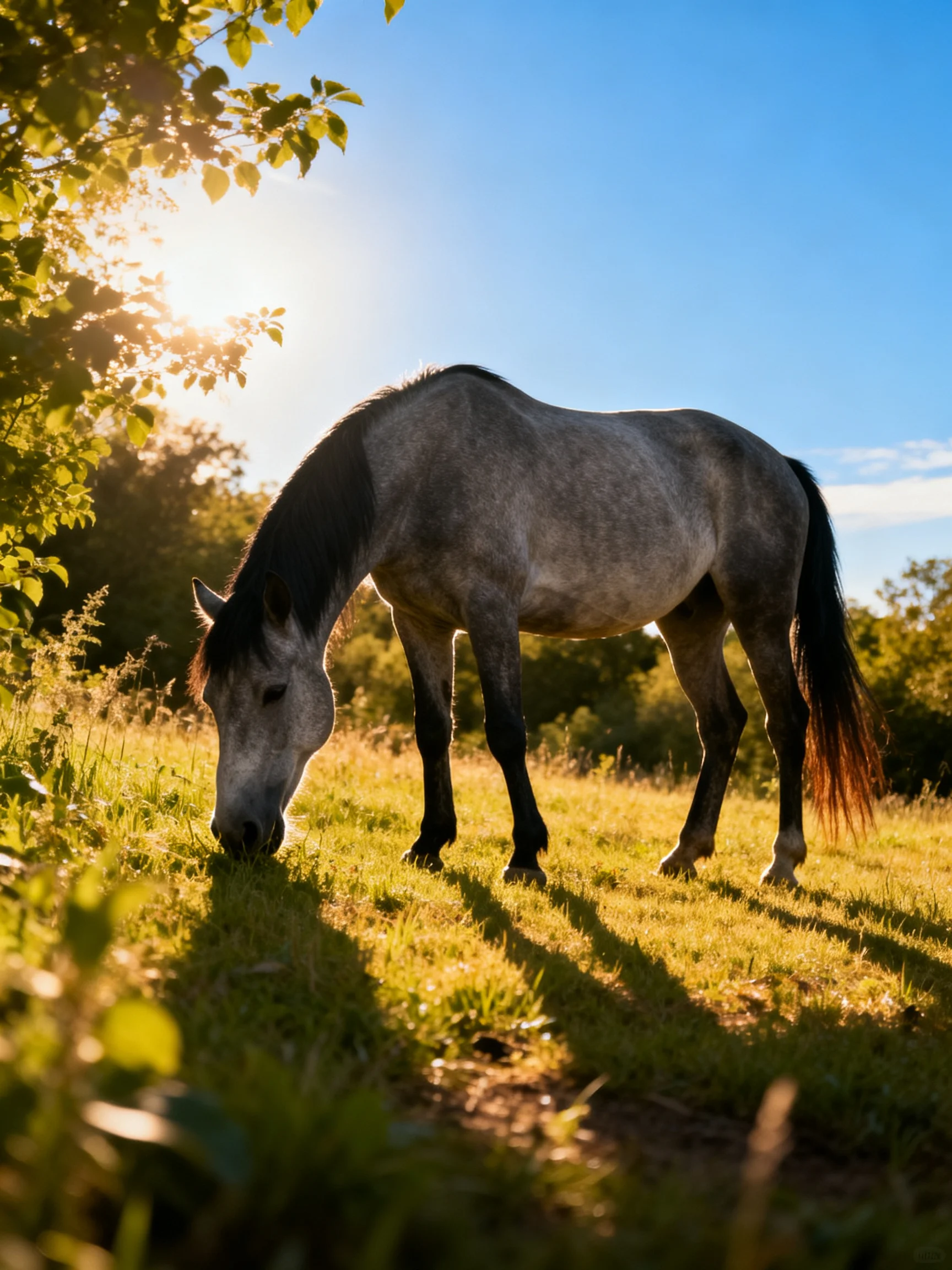 A gray horse grazes in a sunlit meadow surrounded by greenery.