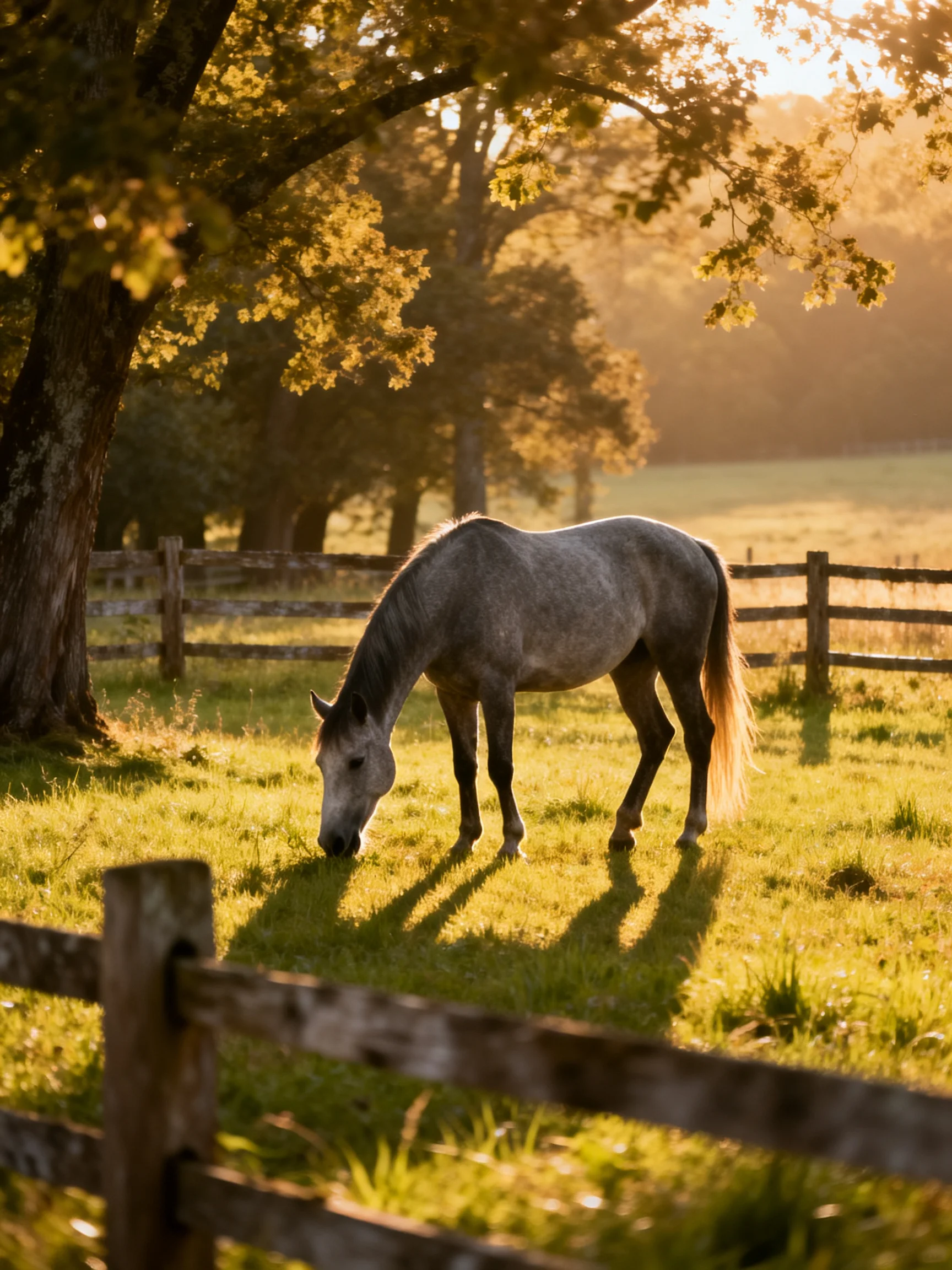 A gray horse grazes in a sunlit pasture with wooden fences