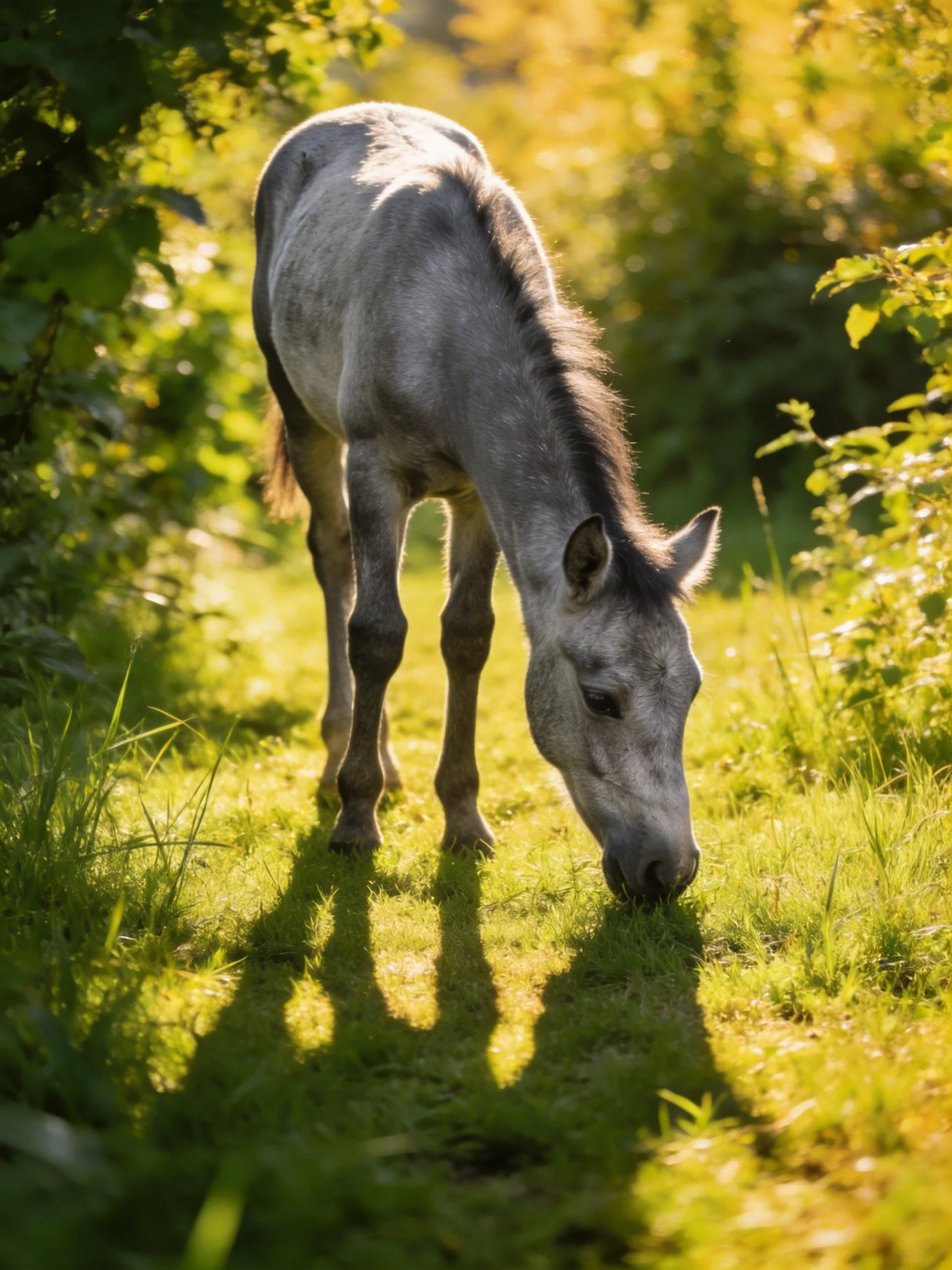 A gray horse grazes in a sunlit verdant meadow