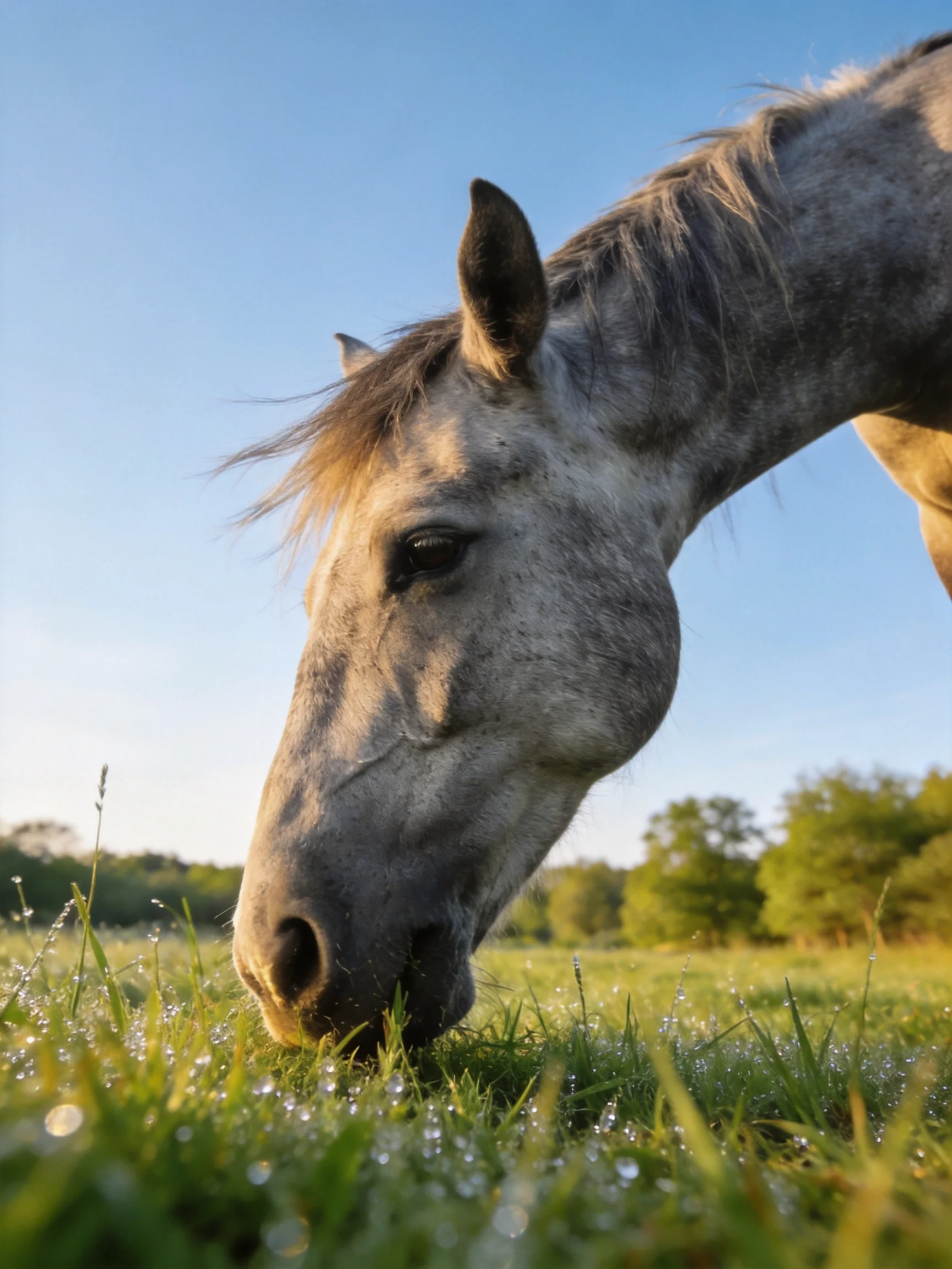 A gray horse grazes in dewy green meadow under clear blue sky