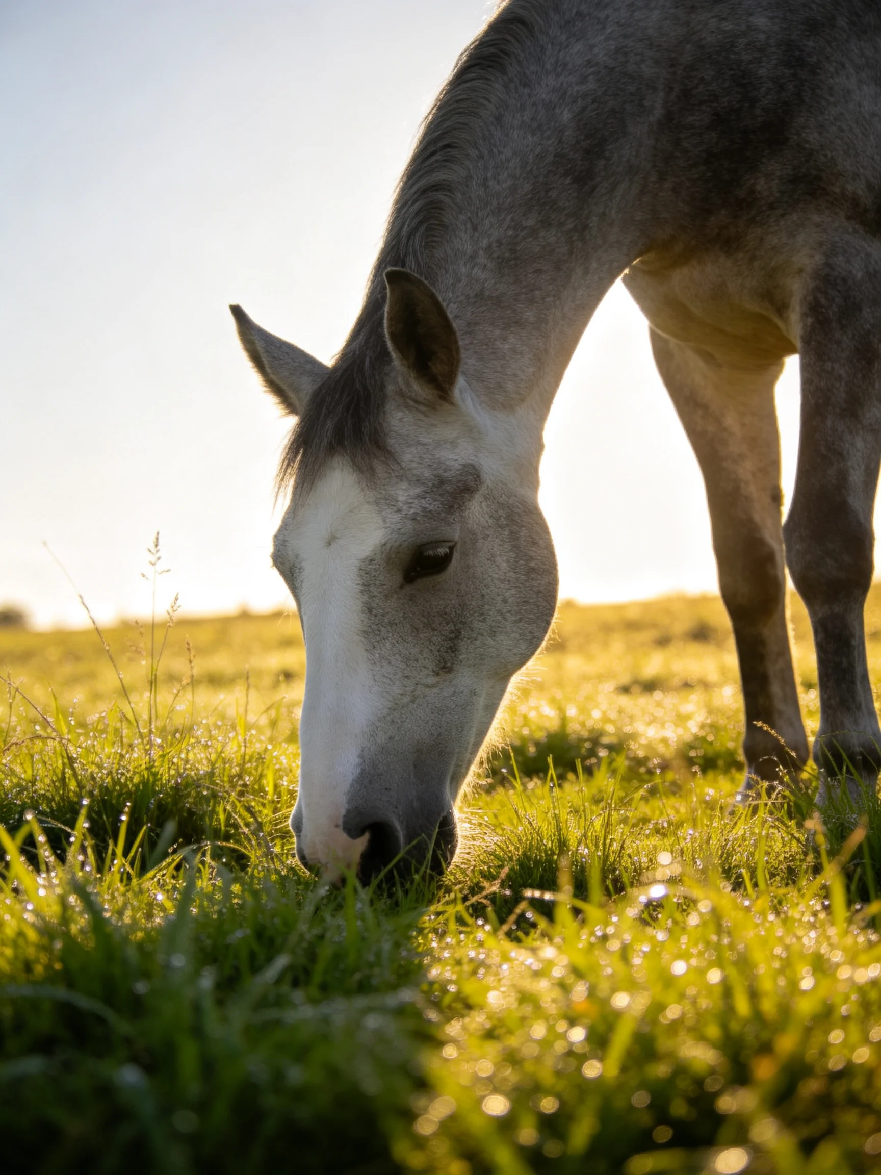 A gray horse grazes in dewy green meadow under golden sunlight