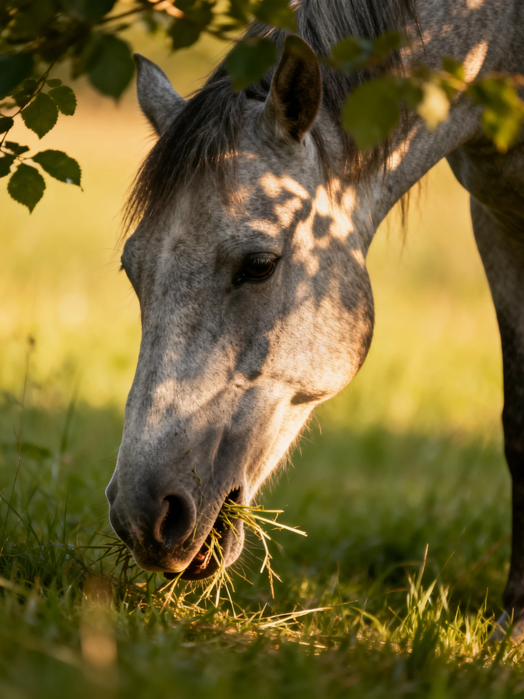 A gray horse grazes in golden sunlight among green foliage