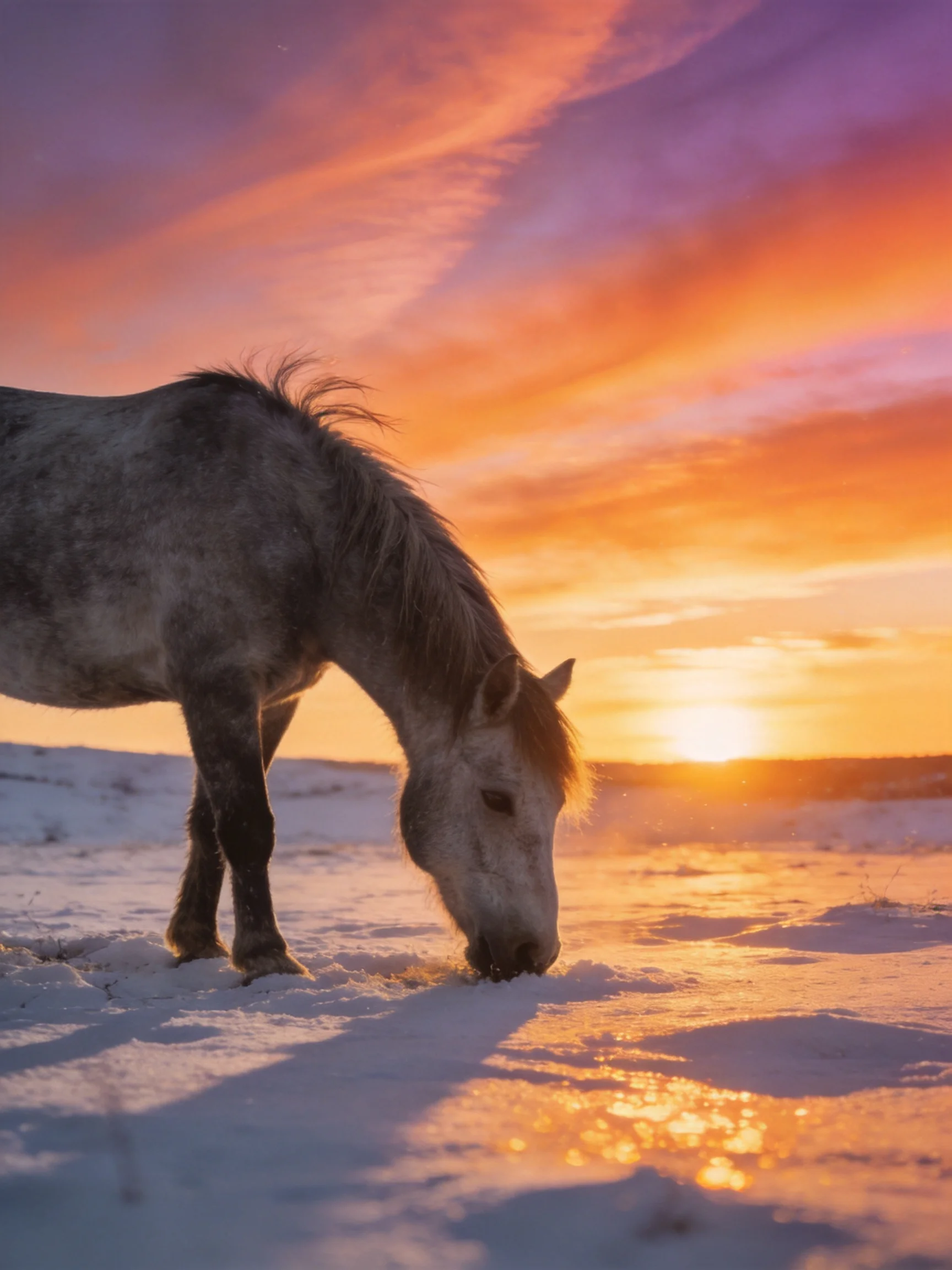 A gray horse grazes in snow beneath a vibrant sunset sky