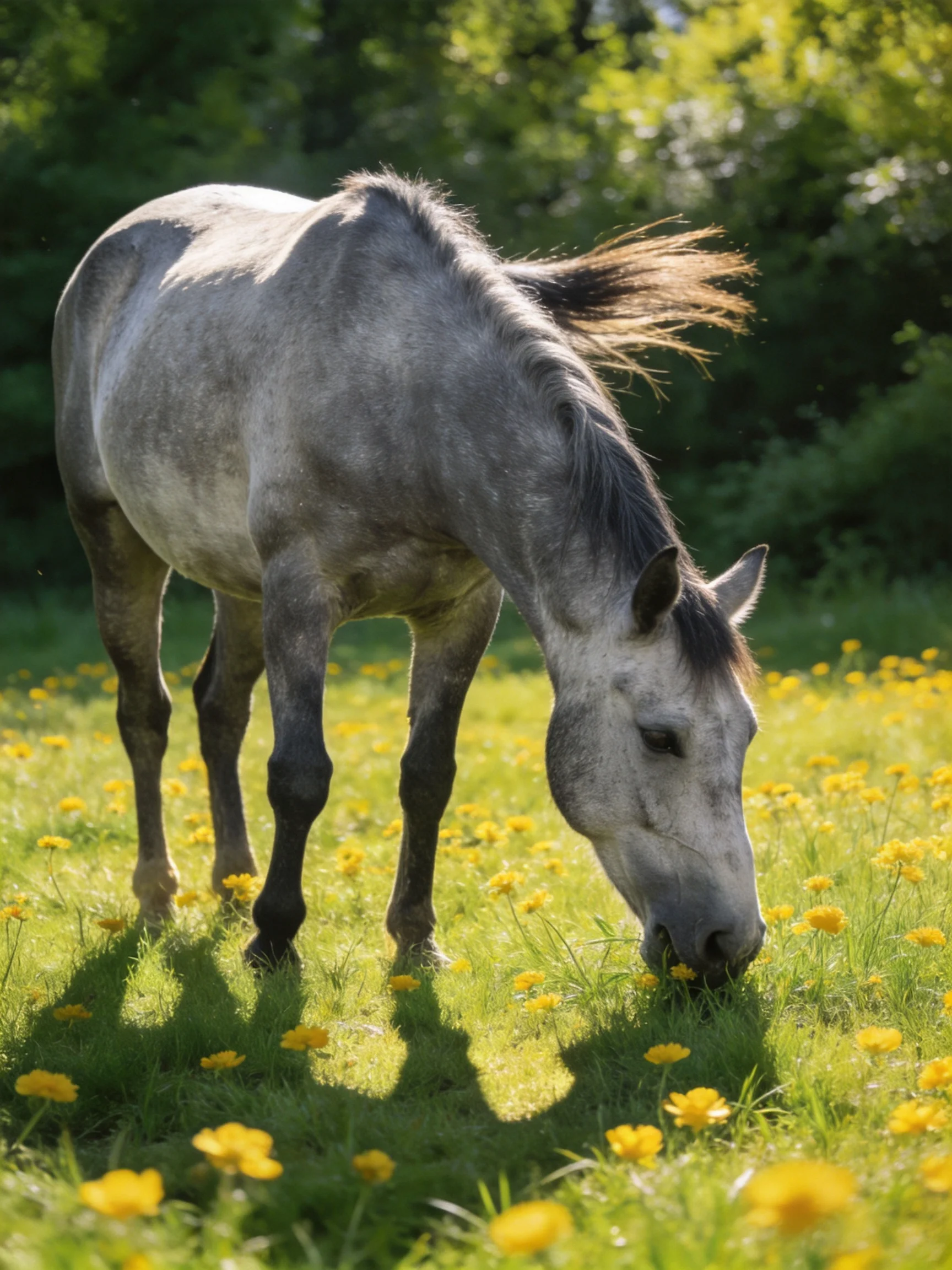 A gray horse grazing amid yellow wildflowers in a green meadow