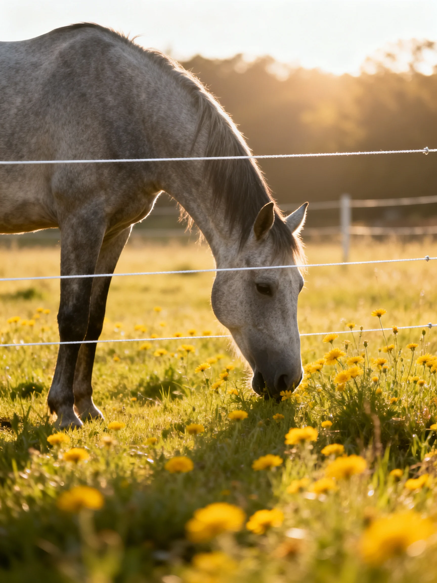 A gray horse grazing among yellow wildflowers in a sunlit pasture