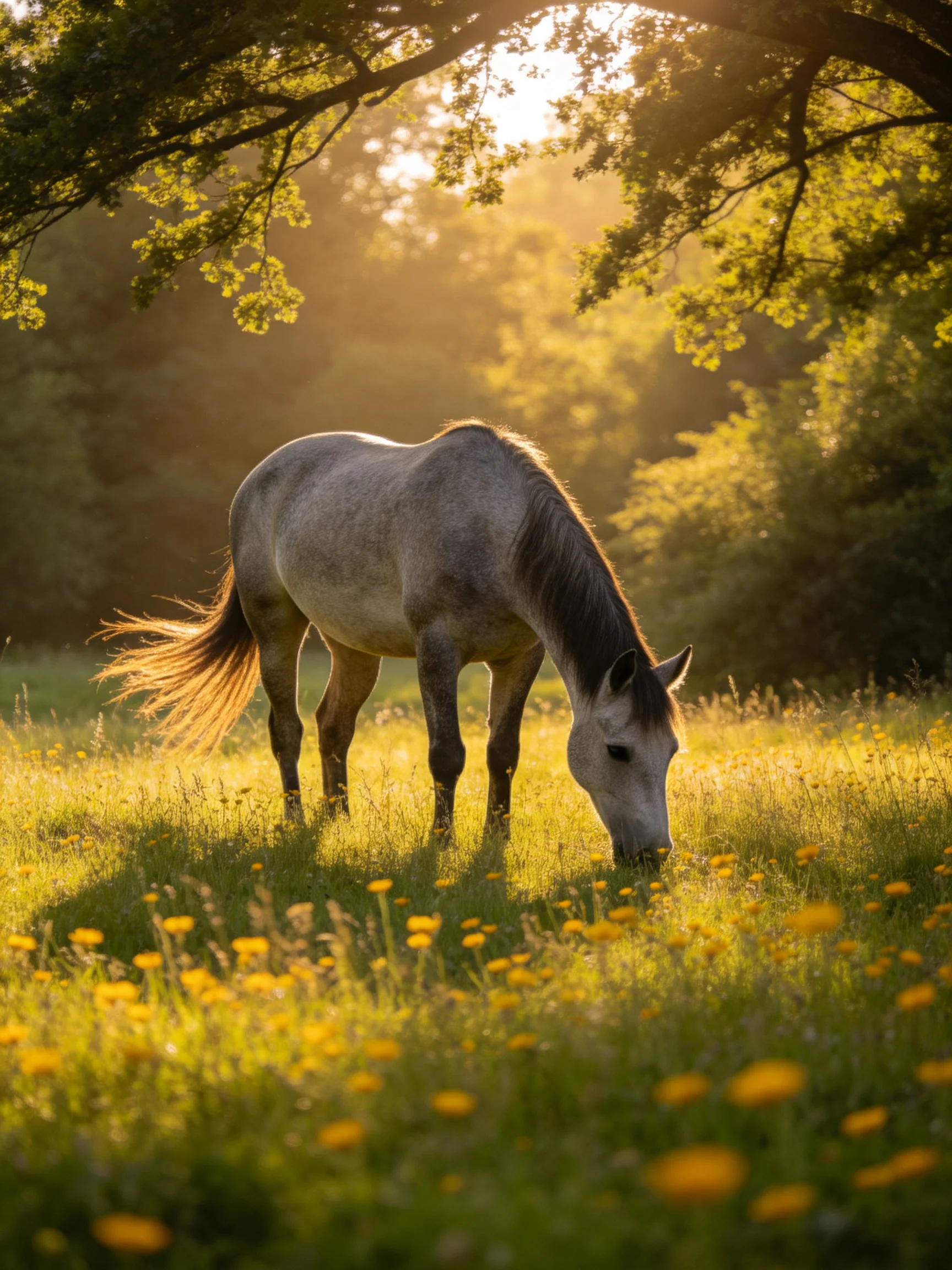 A gray horse grazing in a sunlit meadow of yellow wildflowers