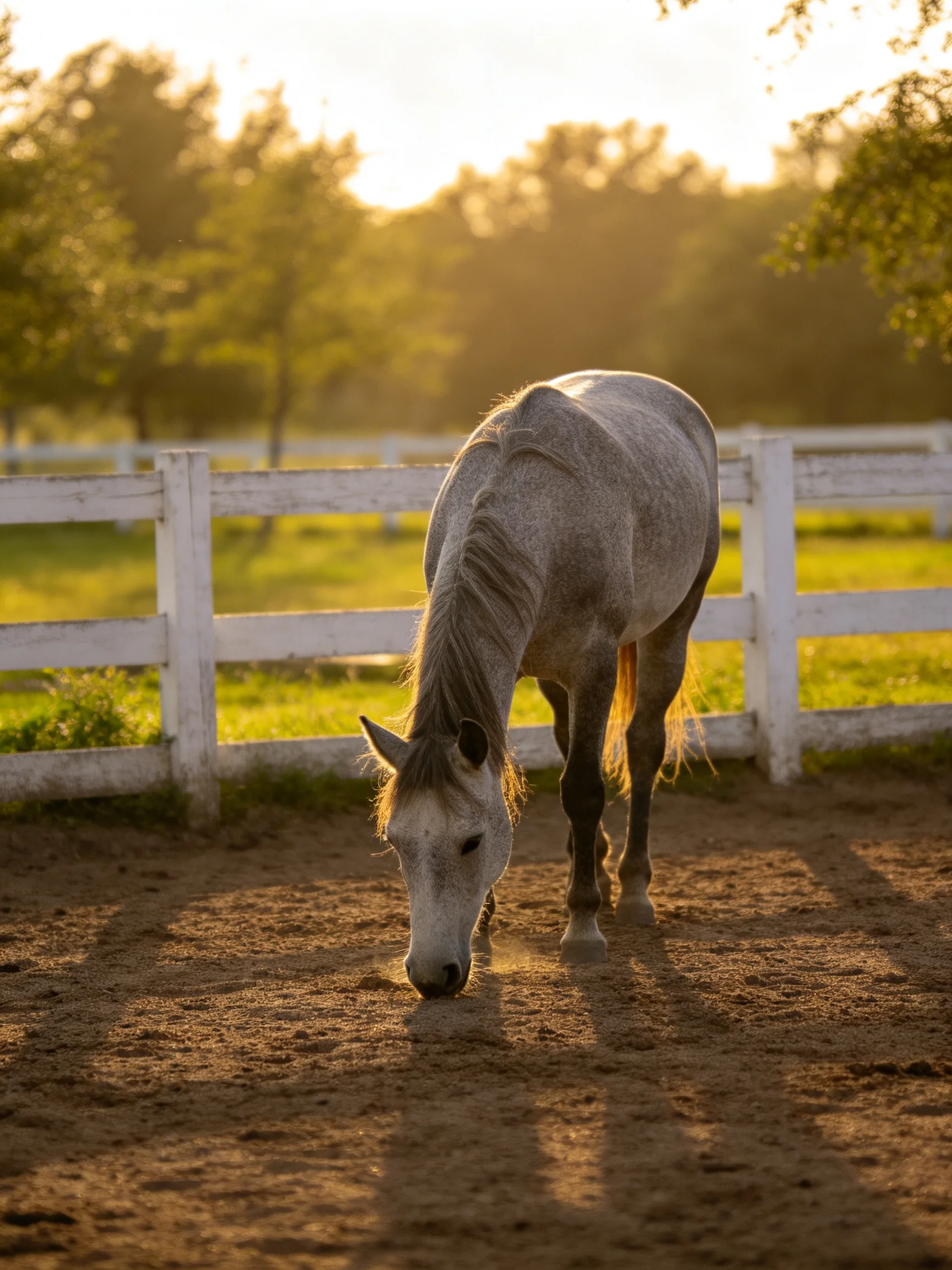 A gray horse grazes in a fenced enclosure illuminated by golden sunlight.