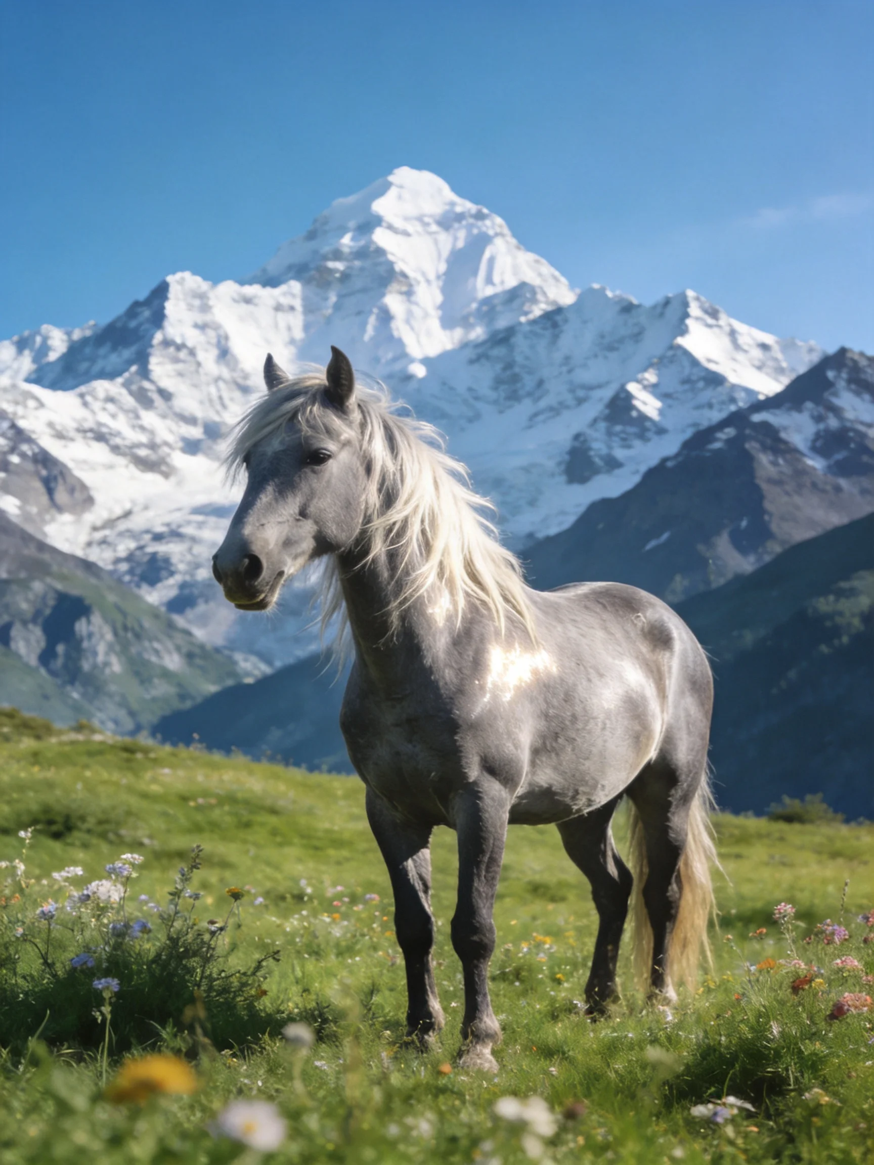 A gray horse stands in a meadow with snow - capped mountains in the background.