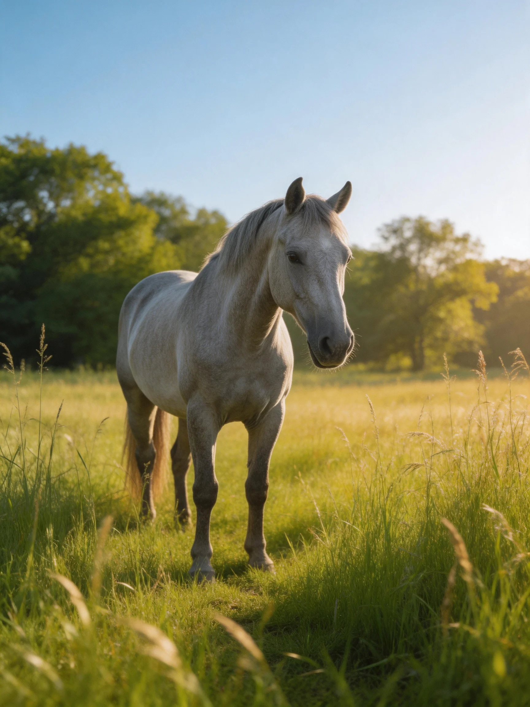 A gray horse in a sunlit green meadow with tall grass and trees